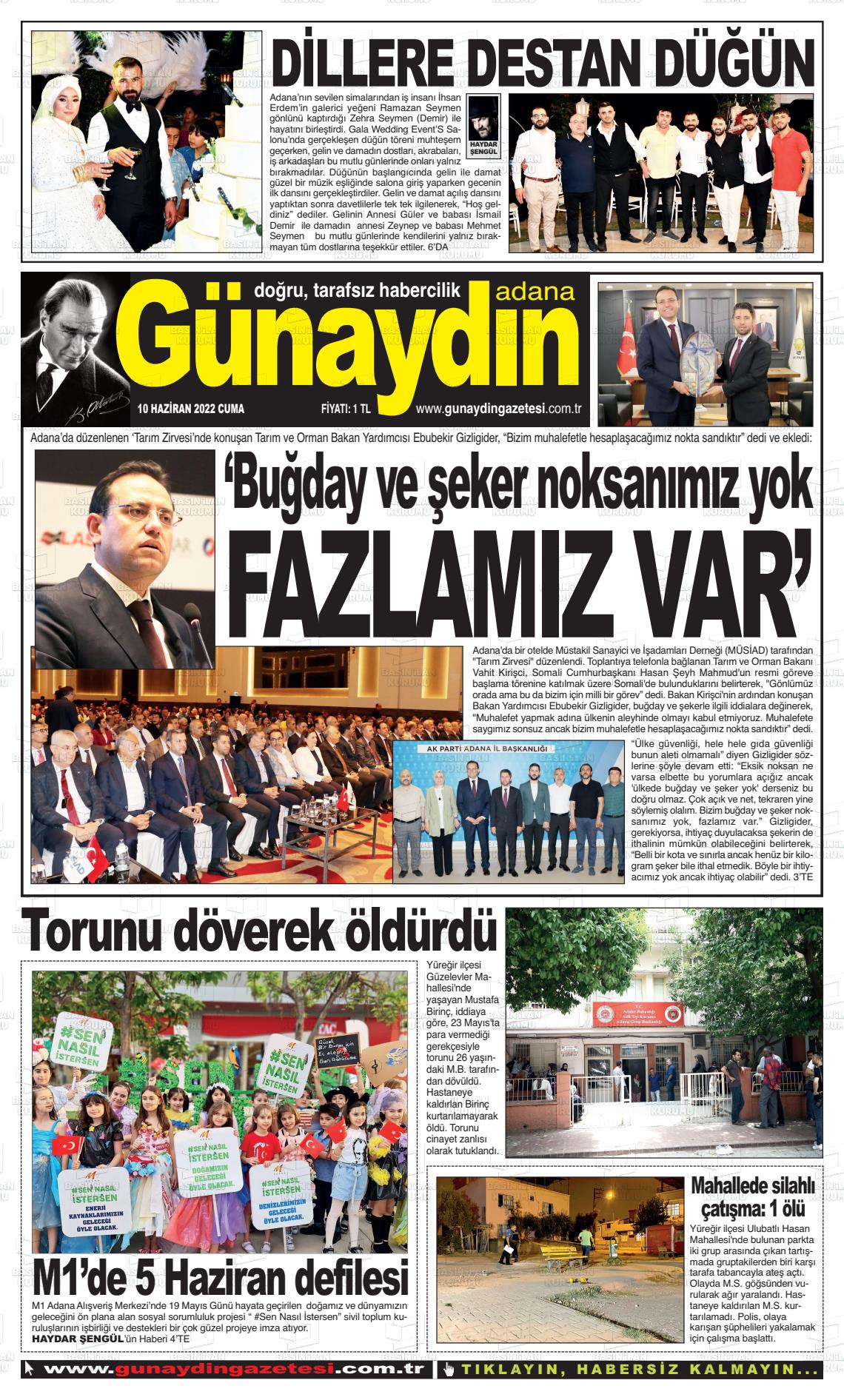 10 Haziran 2022 Günaydın Adana Gazete Manşeti