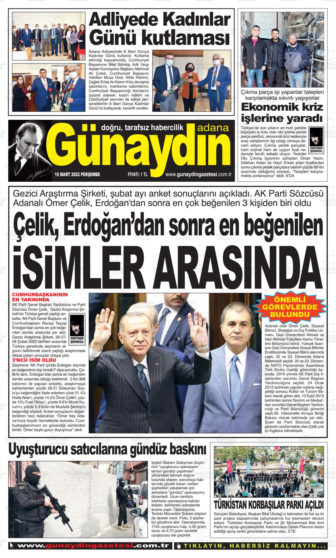 10 Mart 2022 Günaydın Adana Gazete Manşeti