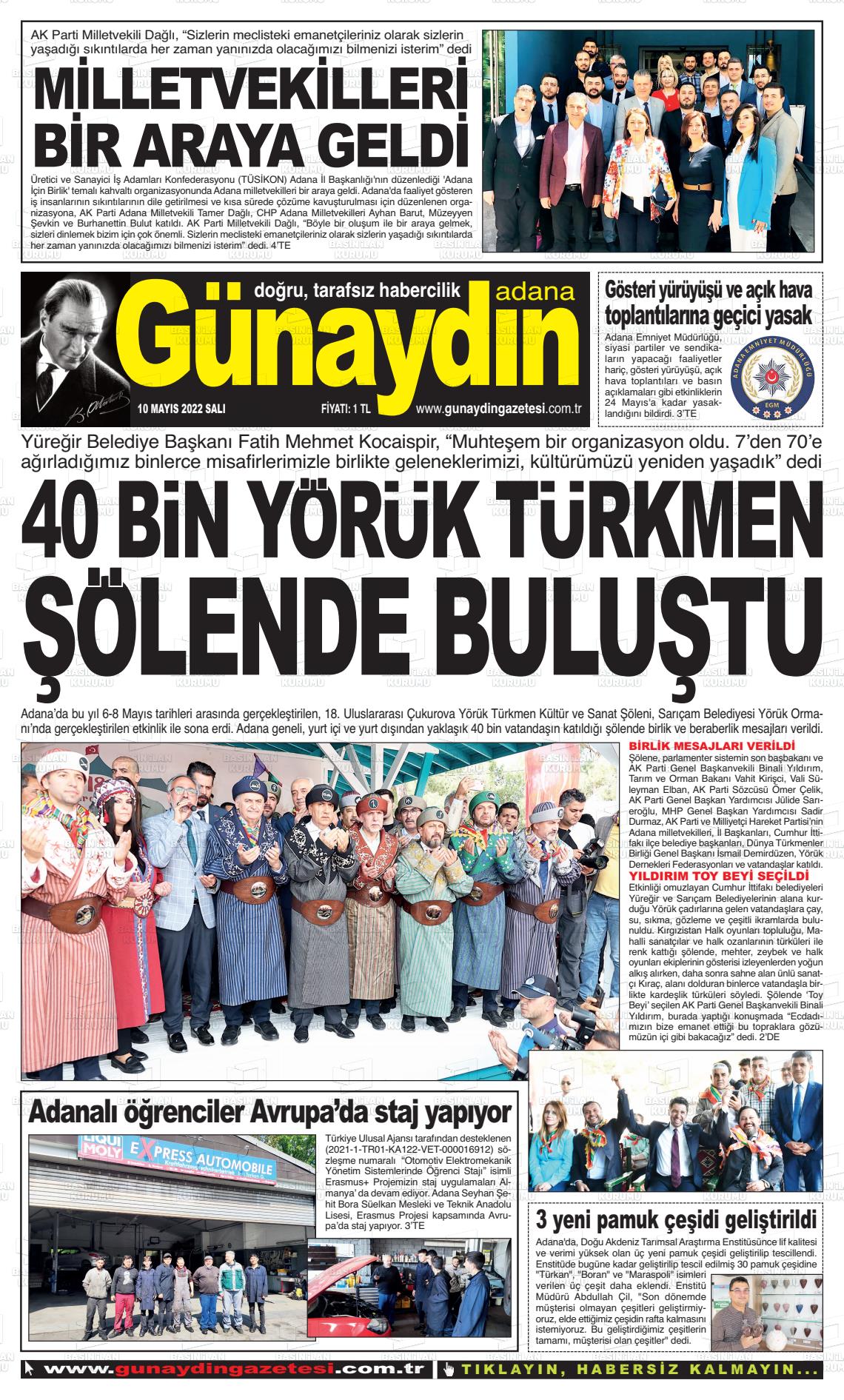 10 Mayıs 2022 Günaydın Adana Gazete Manşeti