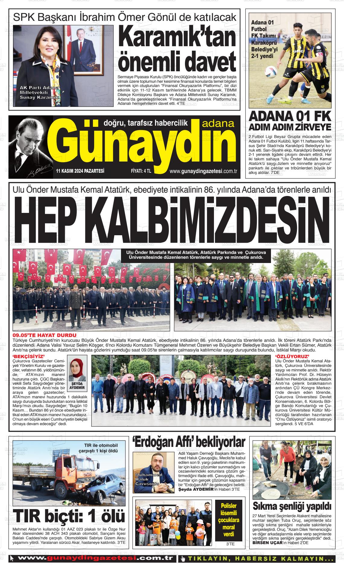 11 Kasım 2024 Günaydın Adana Gazete Manşeti