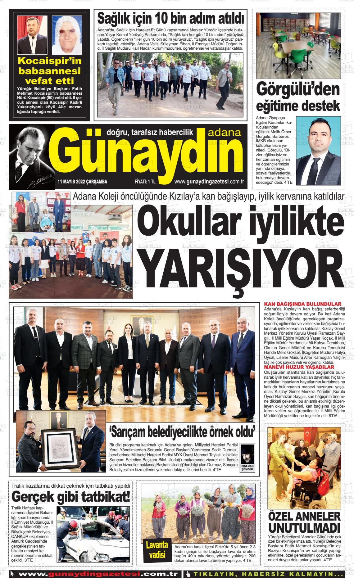 11 Mayıs 2022 Günaydın Adana Gazete Manşeti