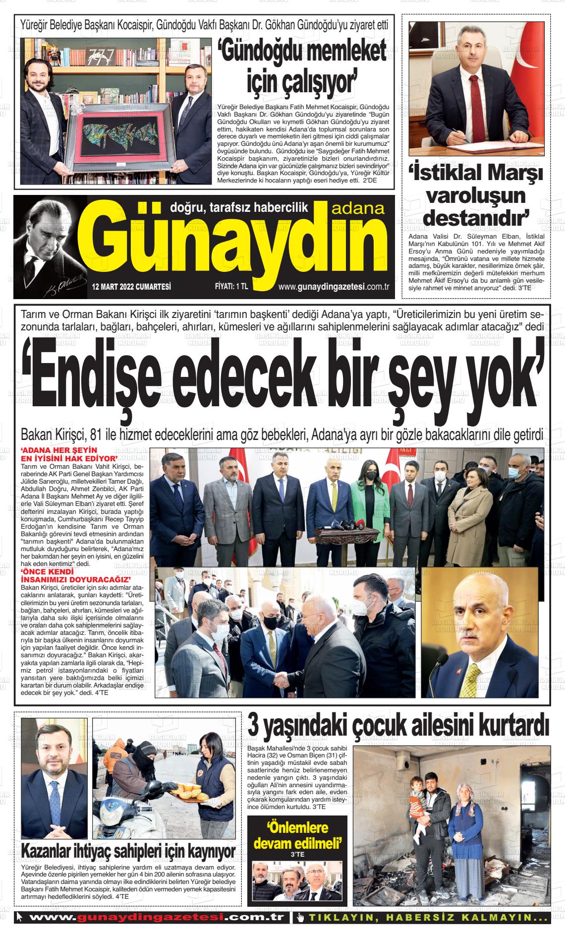 12 Mart 2022 Günaydın Adana Gazete Manşeti