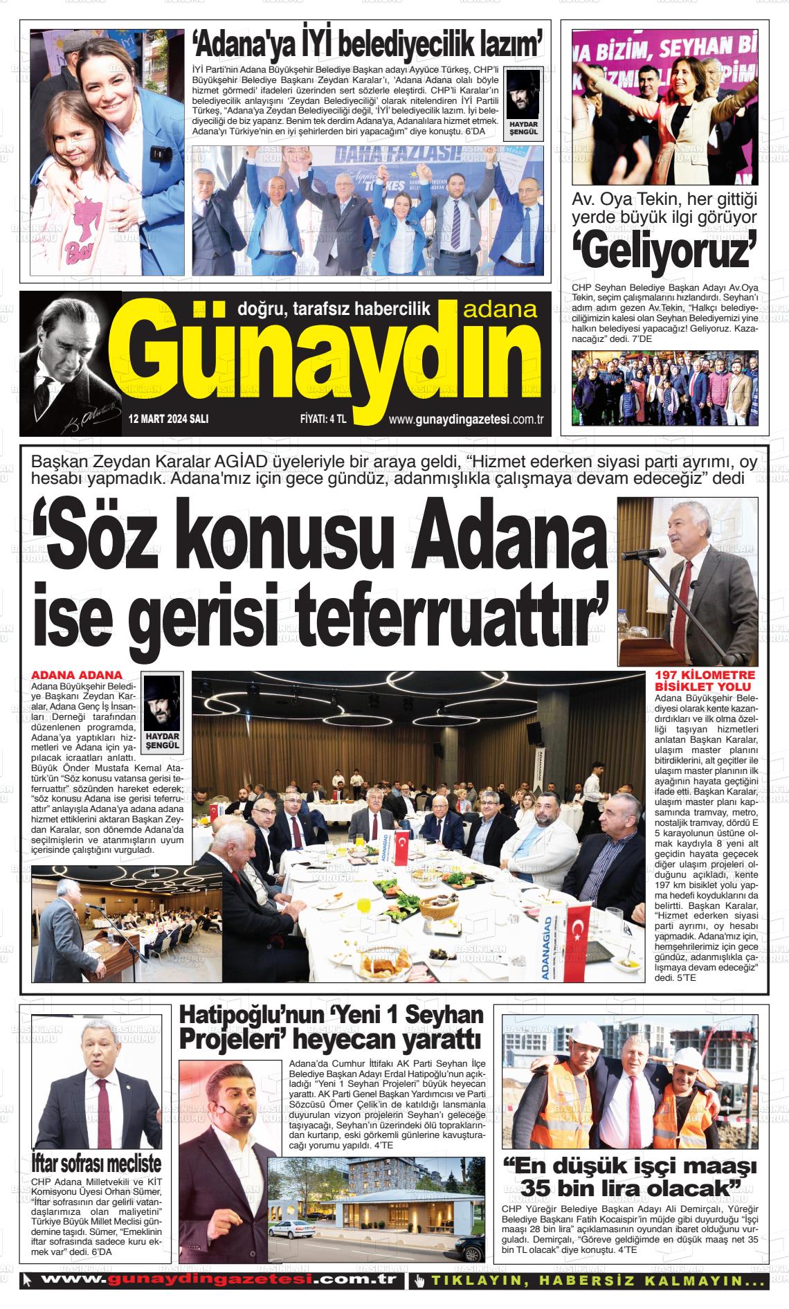 12 Mart 2024 Günaydın Adana Gazete Manşeti