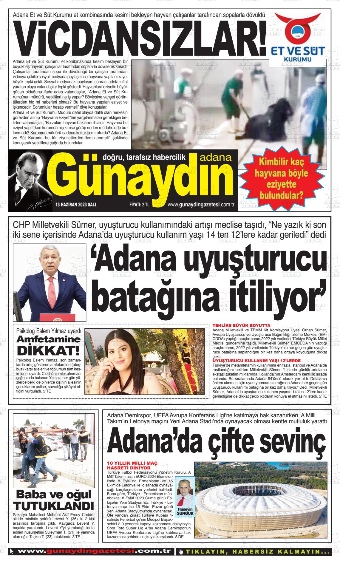 13 Haziran 2023 Günaydın Adana Gazete Manşeti