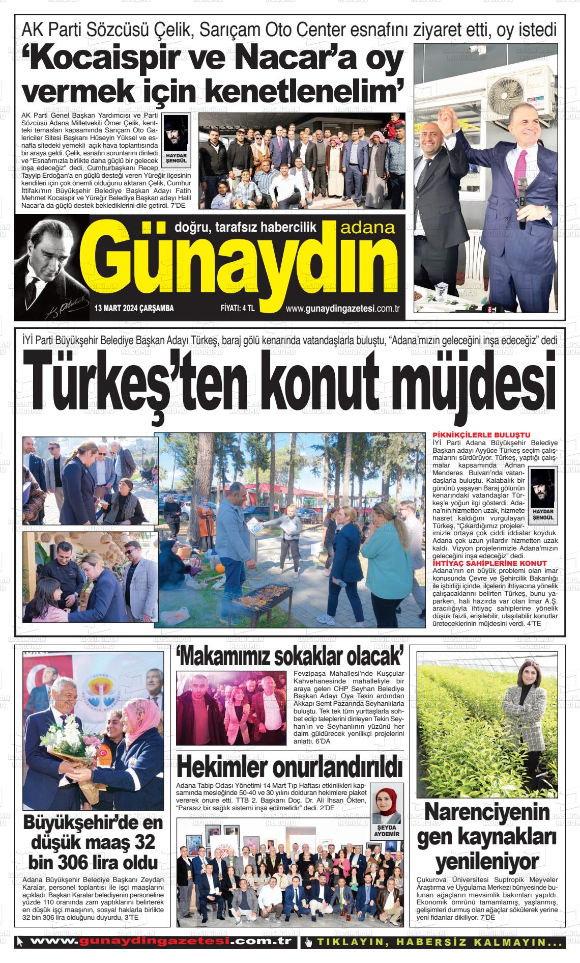 13 Mart 2024 Günaydın Adana Gazete Manşeti