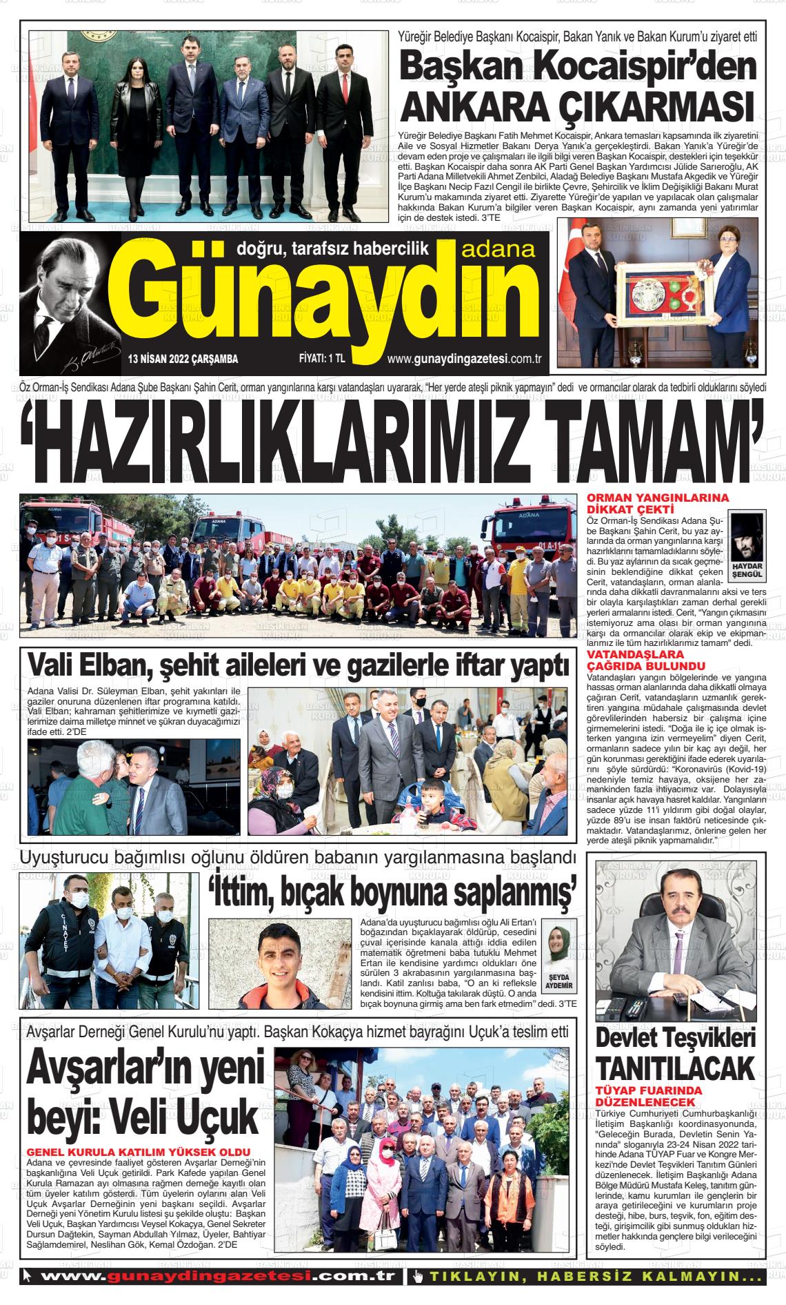 13 Nisan 2022 Günaydın Adana Gazete Manşeti