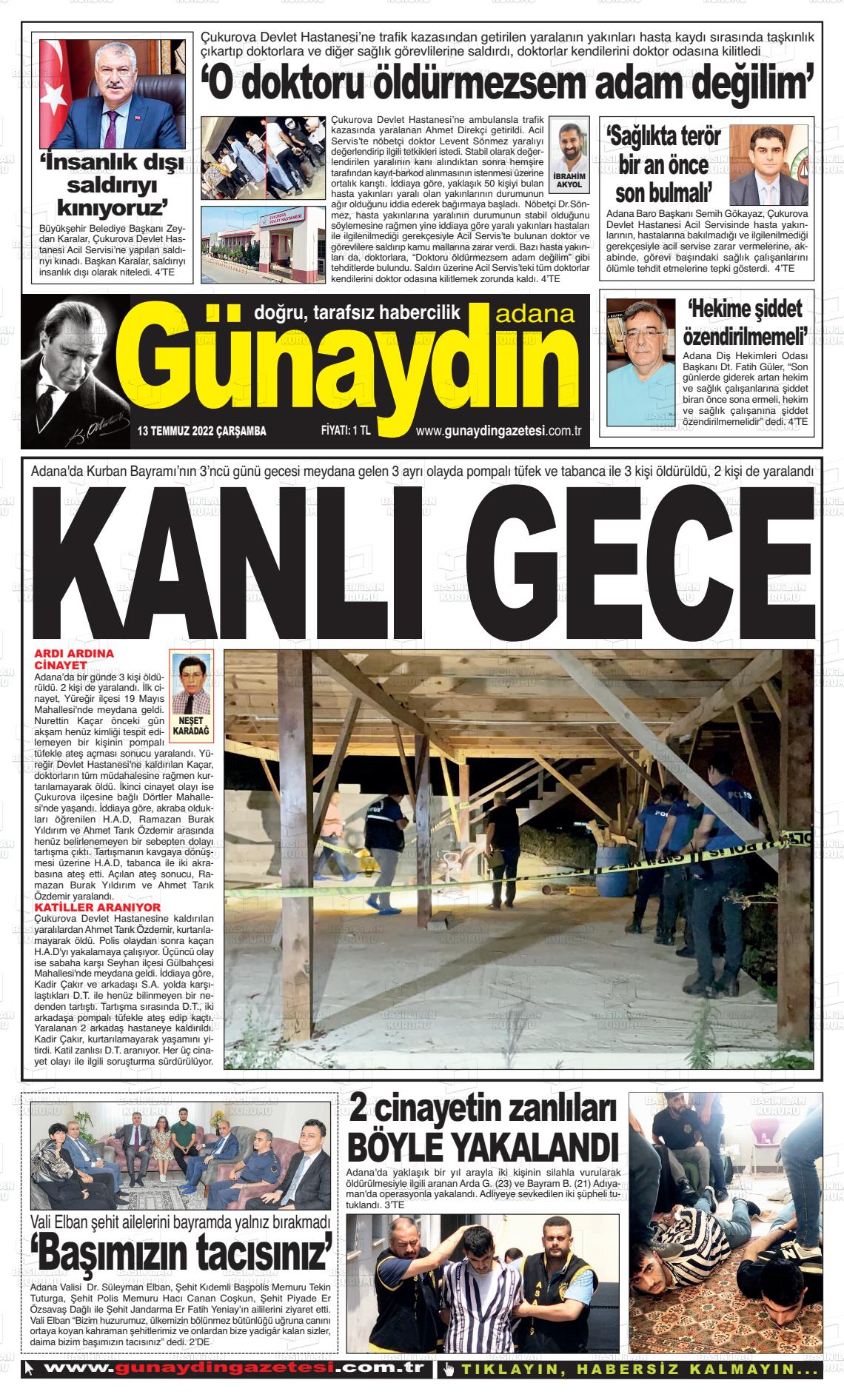 13 Temmuz 2022 Günaydın Adana Gazete Manşeti