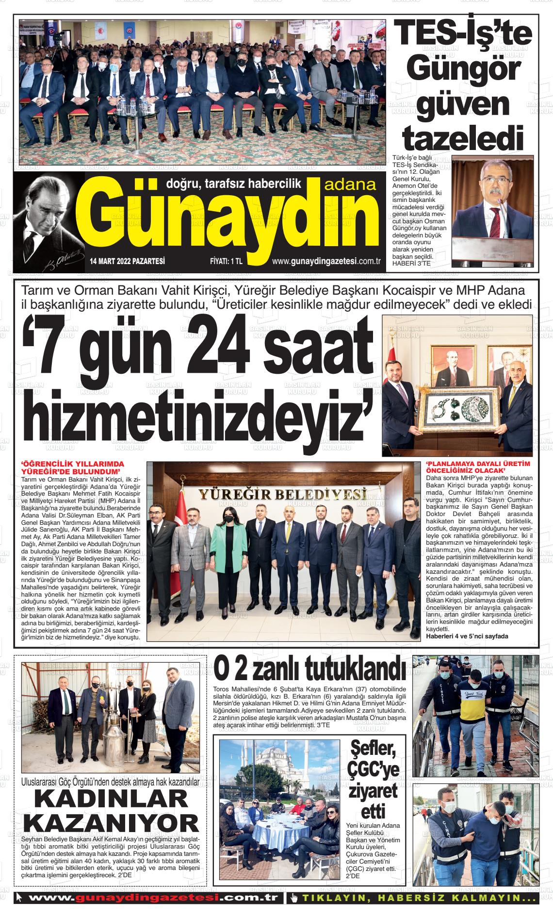 14 Mart 2022 Günaydın Adana Gazete Manşeti