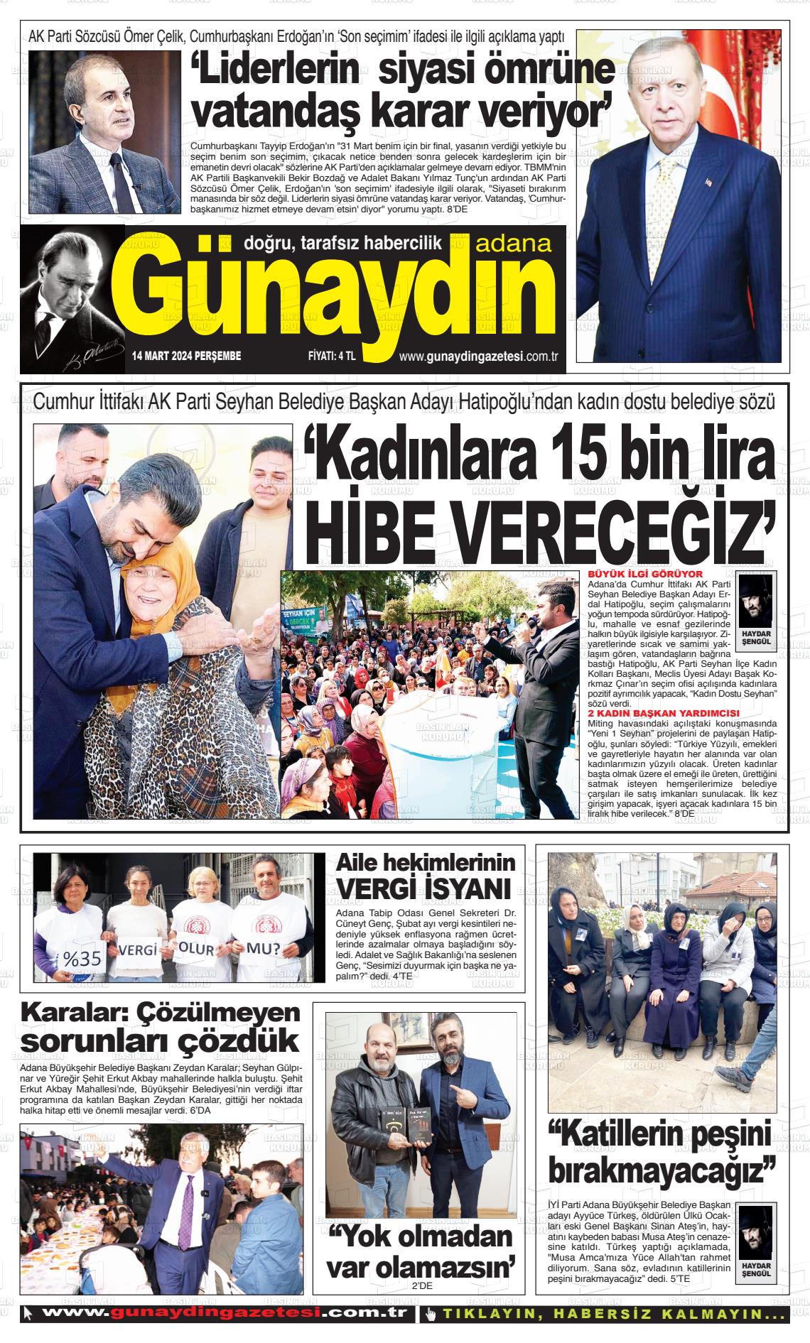 14 Mart 2024 Günaydın Adana Gazete Manşeti