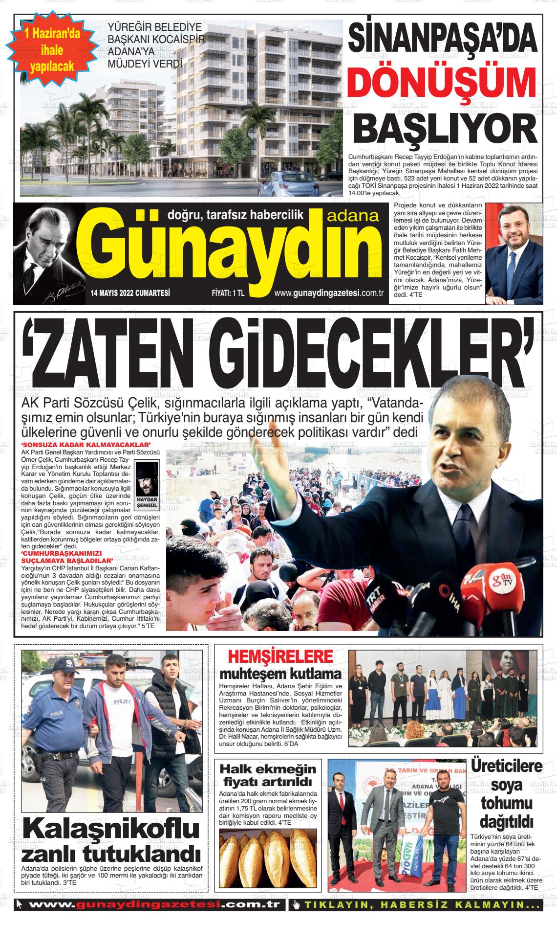 14 Mayıs 2022 Günaydın Adana Gazete Manşeti