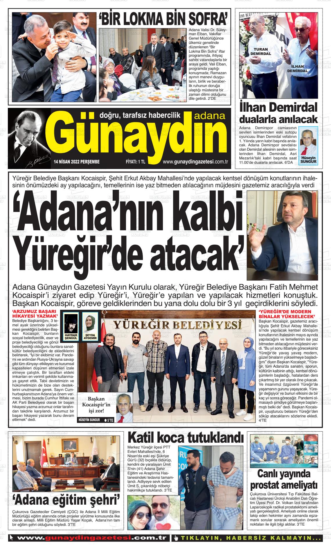 14 Nisan 2022 Günaydın Adana Gazete Manşeti