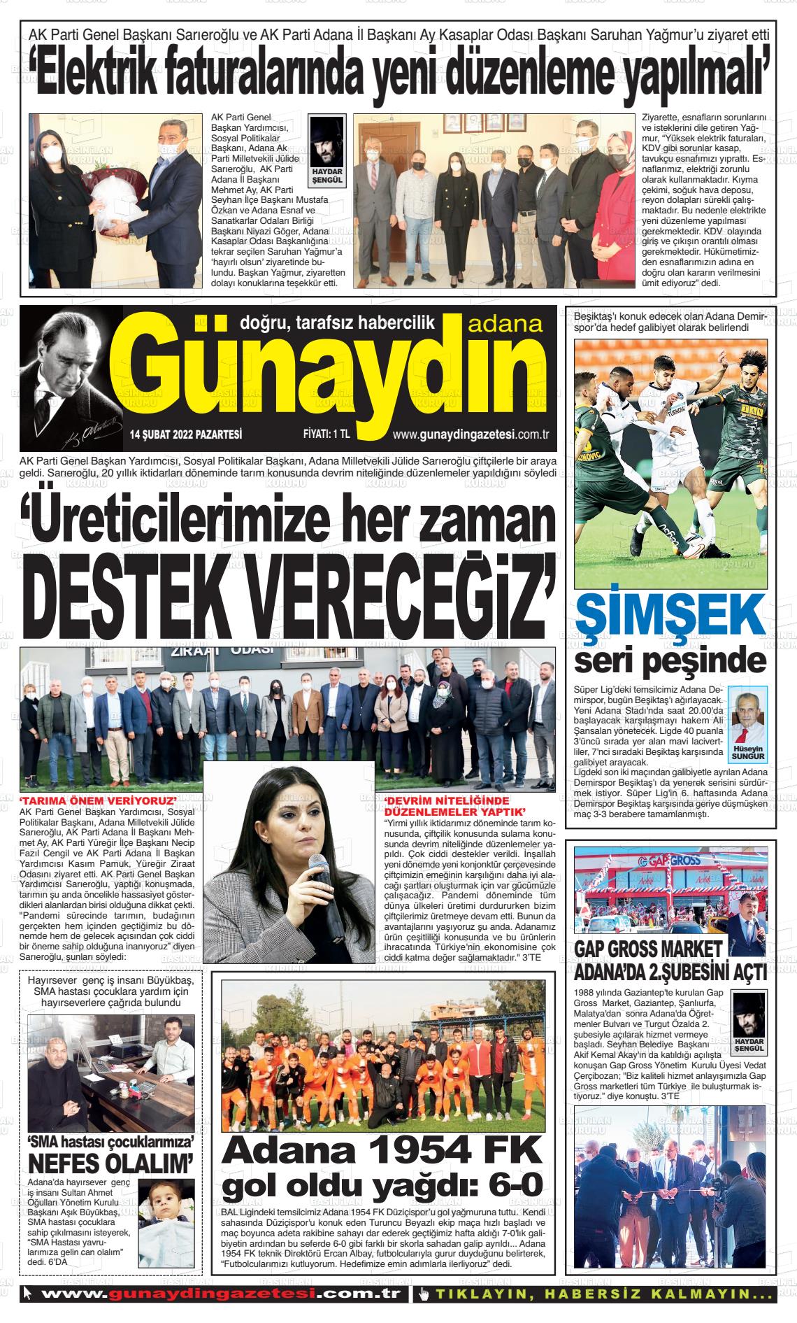 14 Şubat 2022 Günaydın Adana Gazete Manşeti