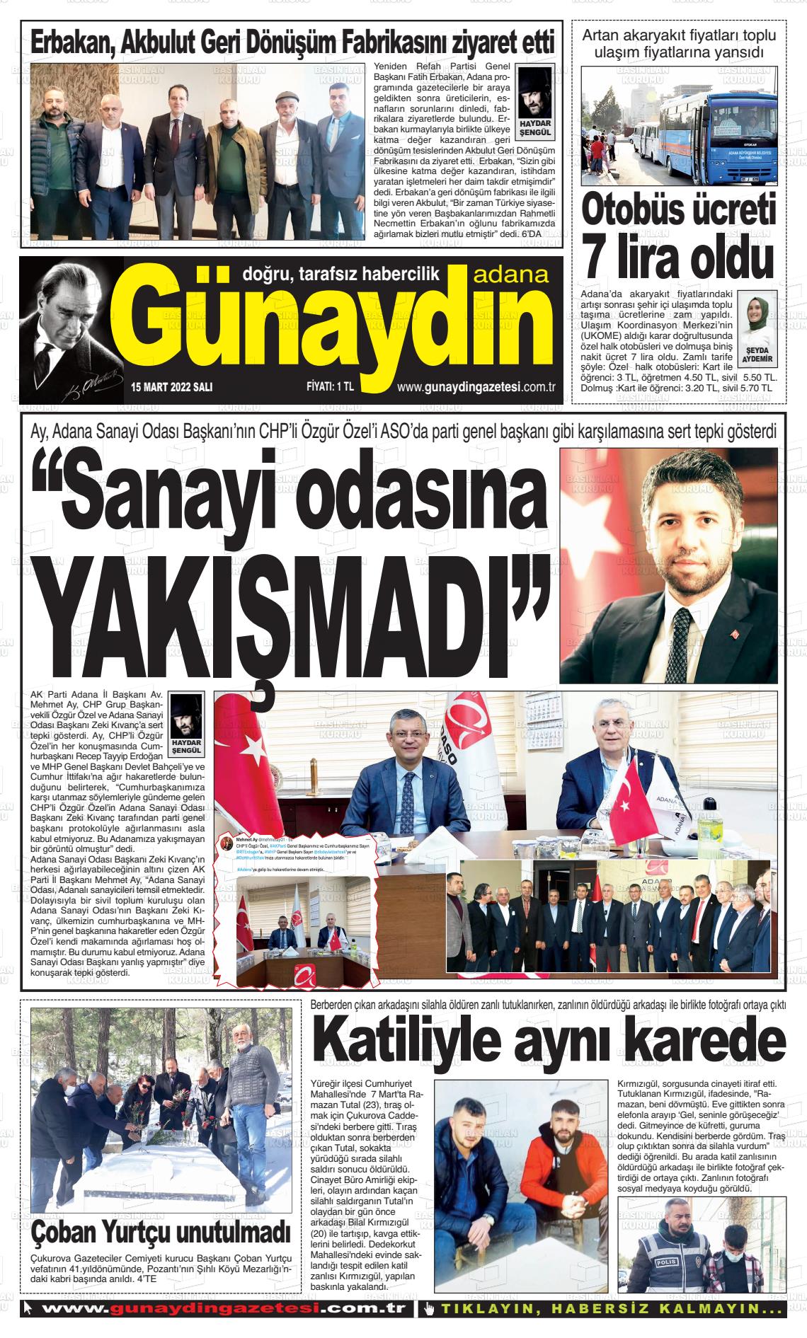 15 Mart 2022 Günaydın Adana Gazete Manşeti