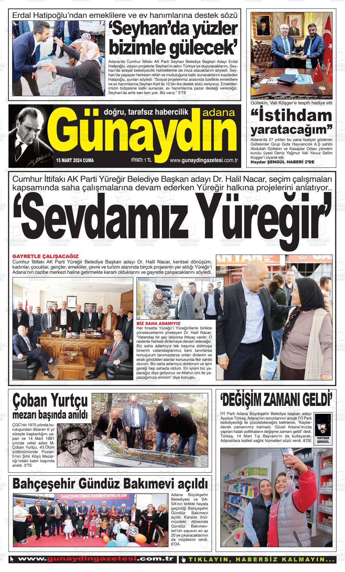 15 Mart 2024 Günaydın Adana Gazete Manşeti