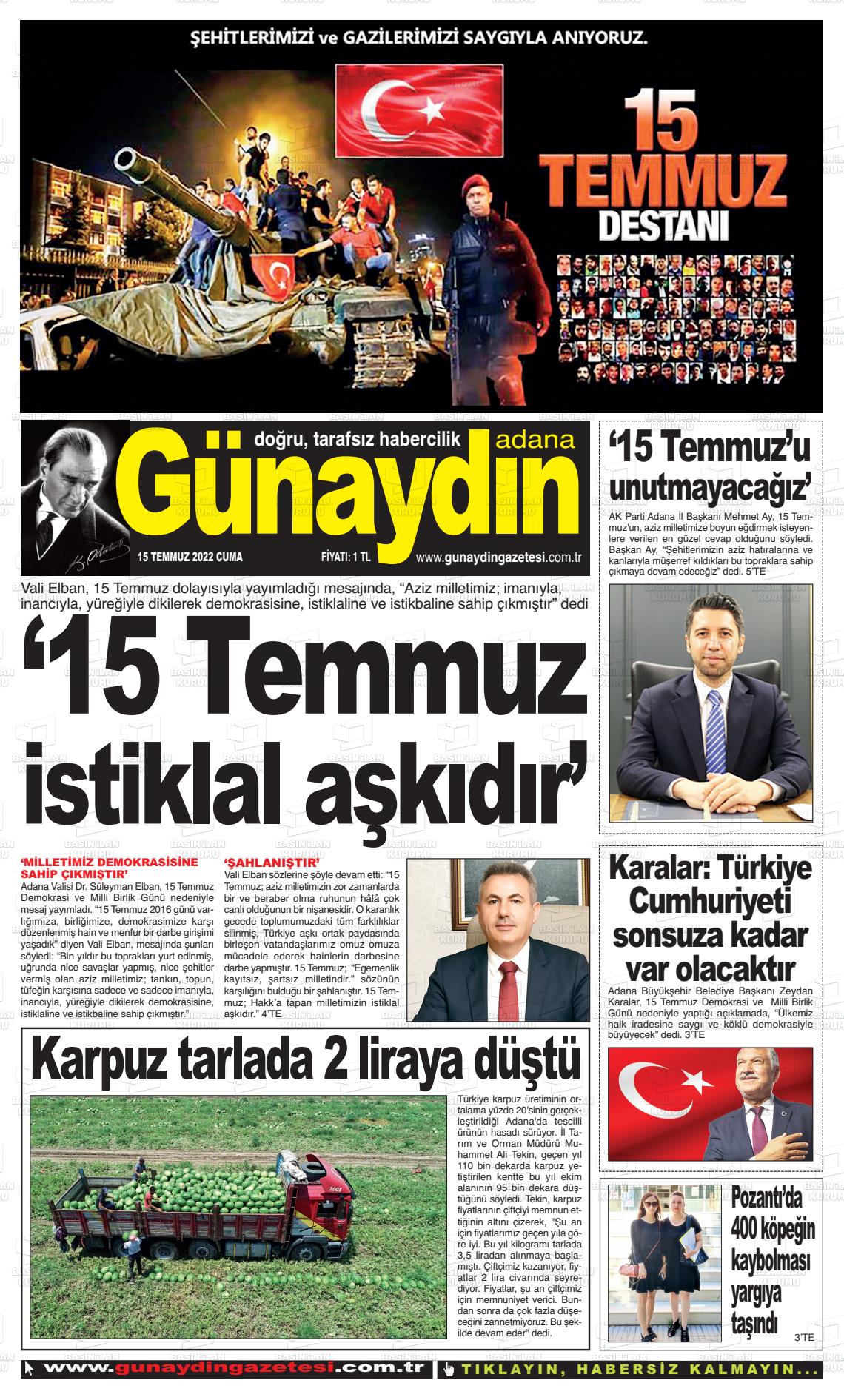 15 Temmuz 2022 Günaydın Adana Gazete Manşeti