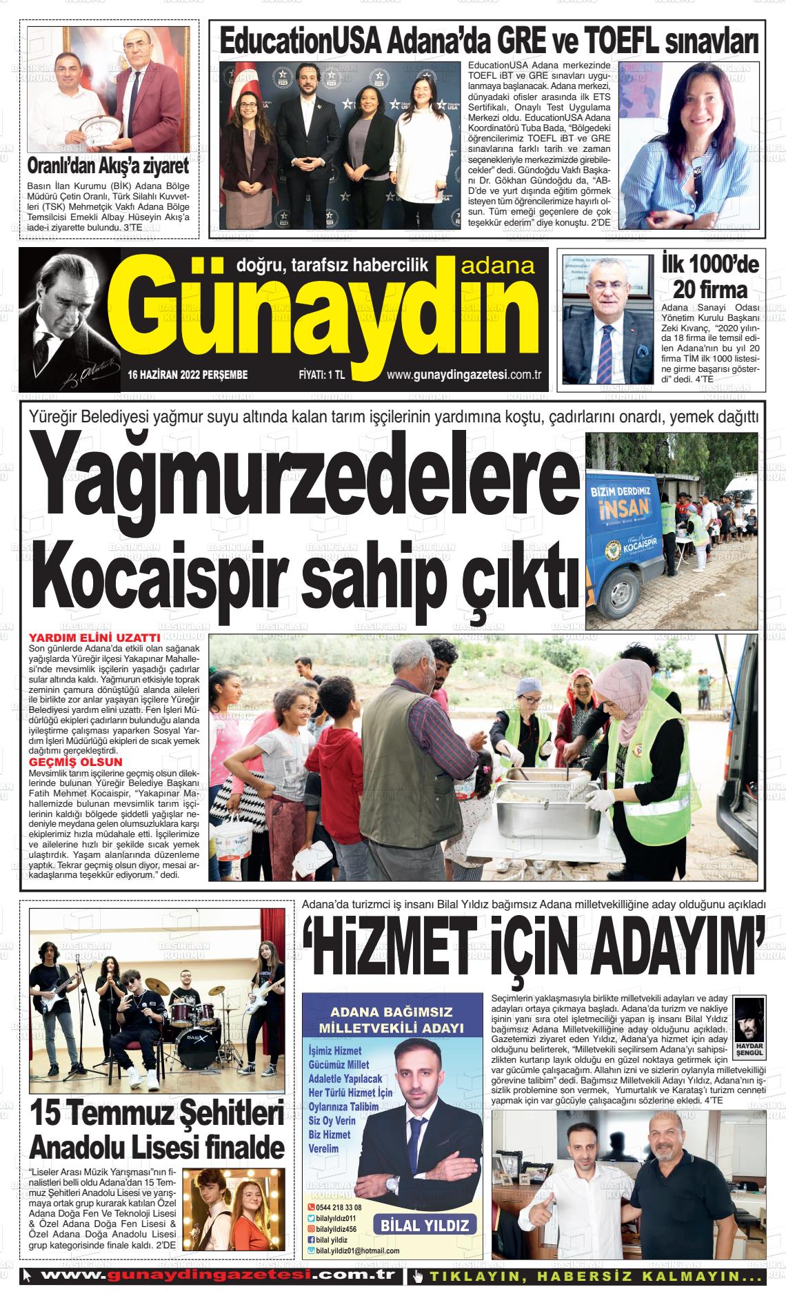 16 Haziran 2022 Günaydın Adana Gazete Manşeti