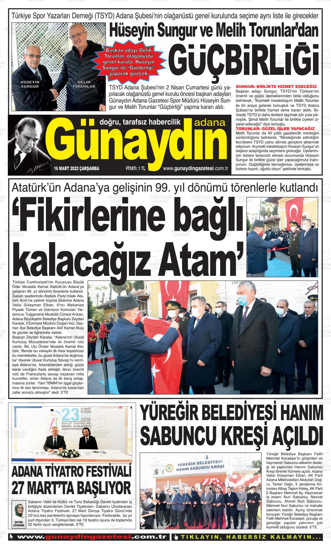 16 Mart 2022 Günaydın Adana Gazete Manşeti