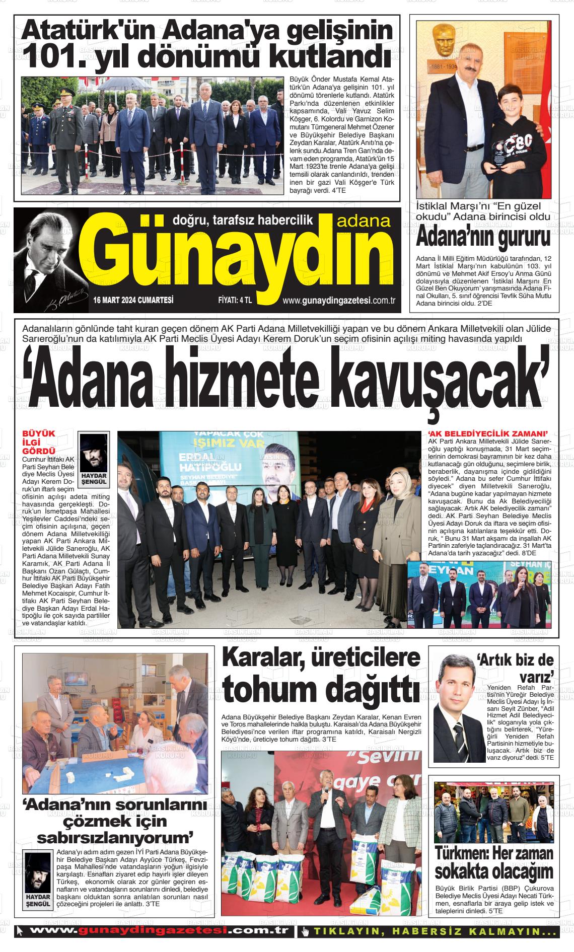 16 Mart 2024 Günaydın Adana Gazete Manşeti