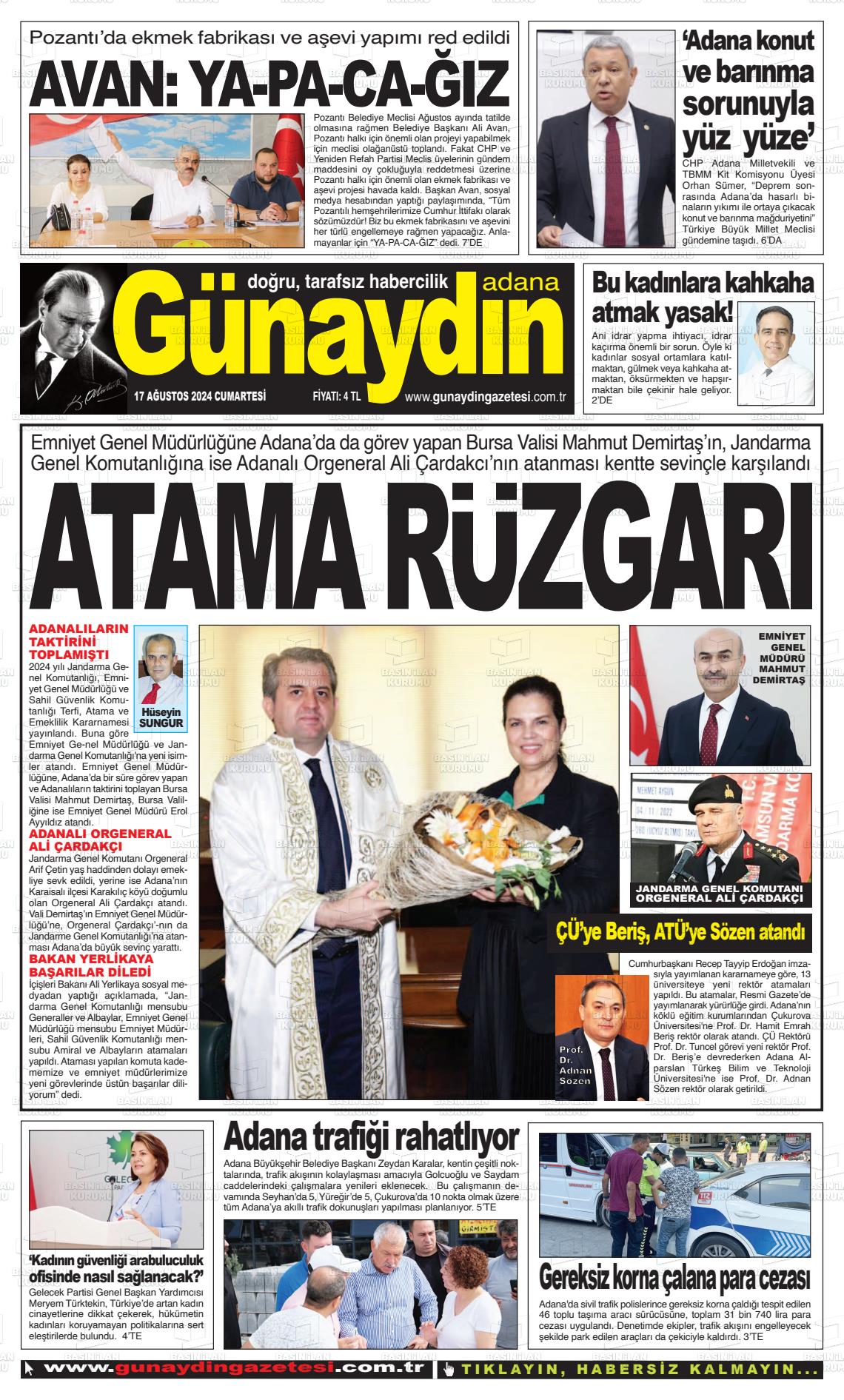 17 Ağustos 2024 Günaydın Adana Gazete Manşeti