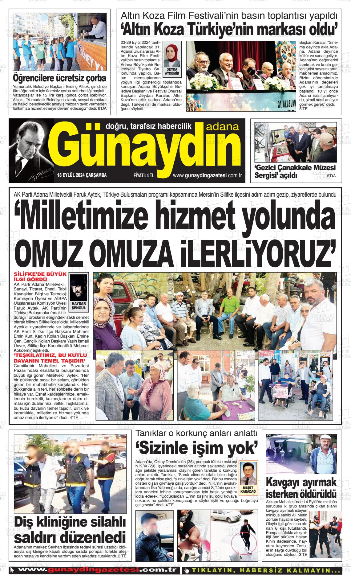 18 Eylül 2024 Günaydın Adana Gazete Manşeti