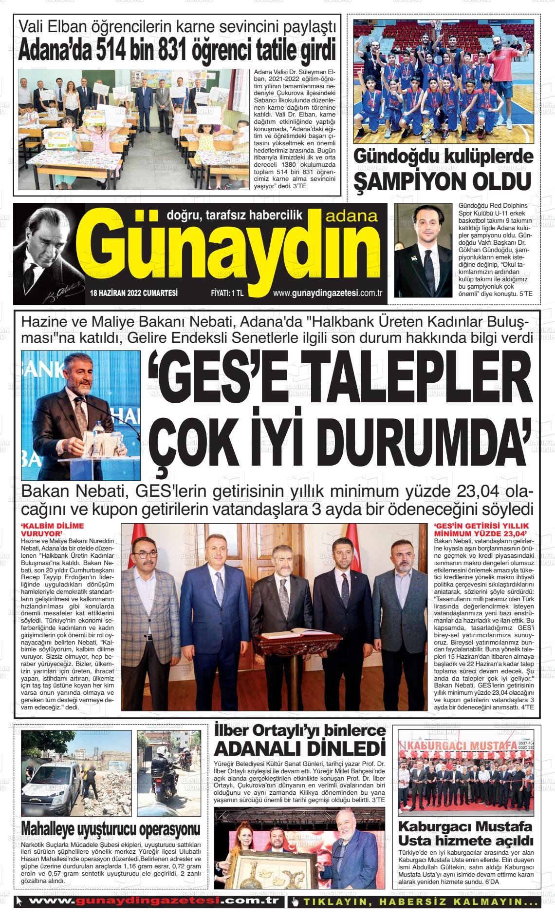 18 Haziran 2022 Günaydın Adana Gazete Manşeti