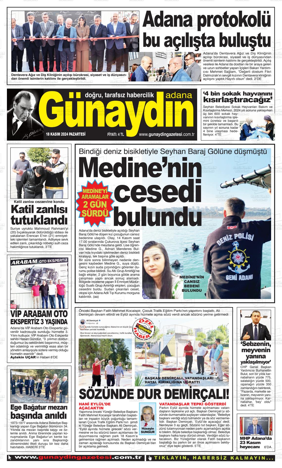 18 Kasım 2024 Günaydın Adana Gazete Manşeti