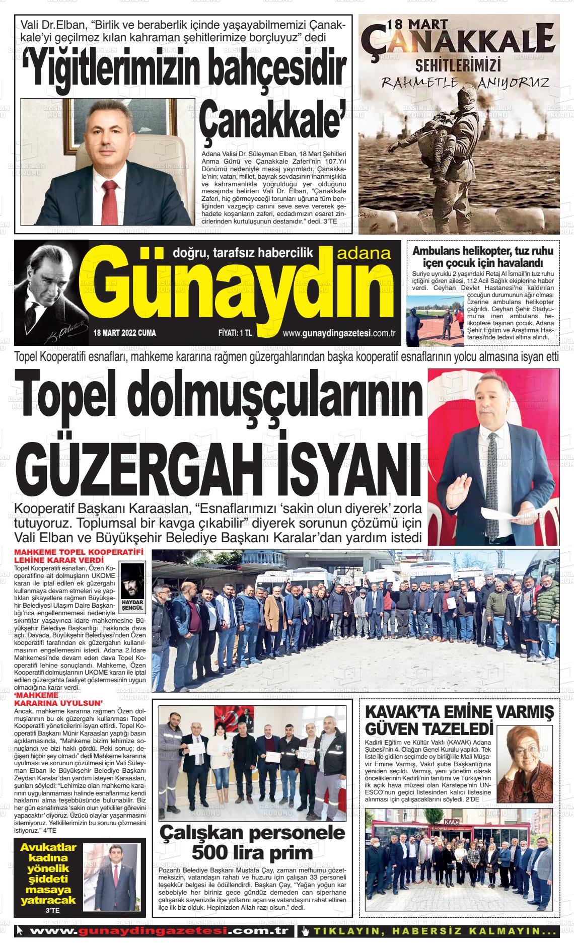 18 Mart 2022 Günaydın Adana Gazete Manşeti