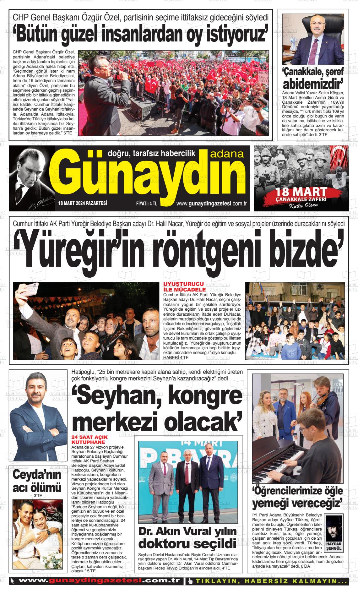 18 Mart 2024 Günaydın Adana Gazete Manşeti