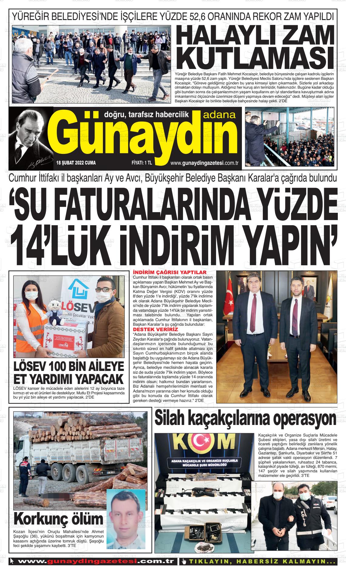 18 Şubat 2022 Günaydın Adana Gazete Manşeti