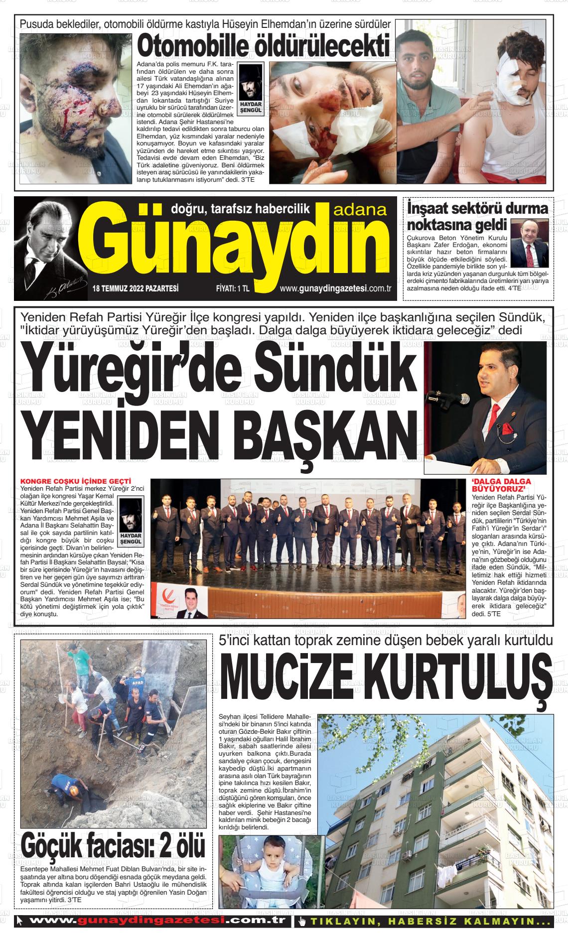 18 Temmuz 2022 Günaydın Adana Gazete Manşeti