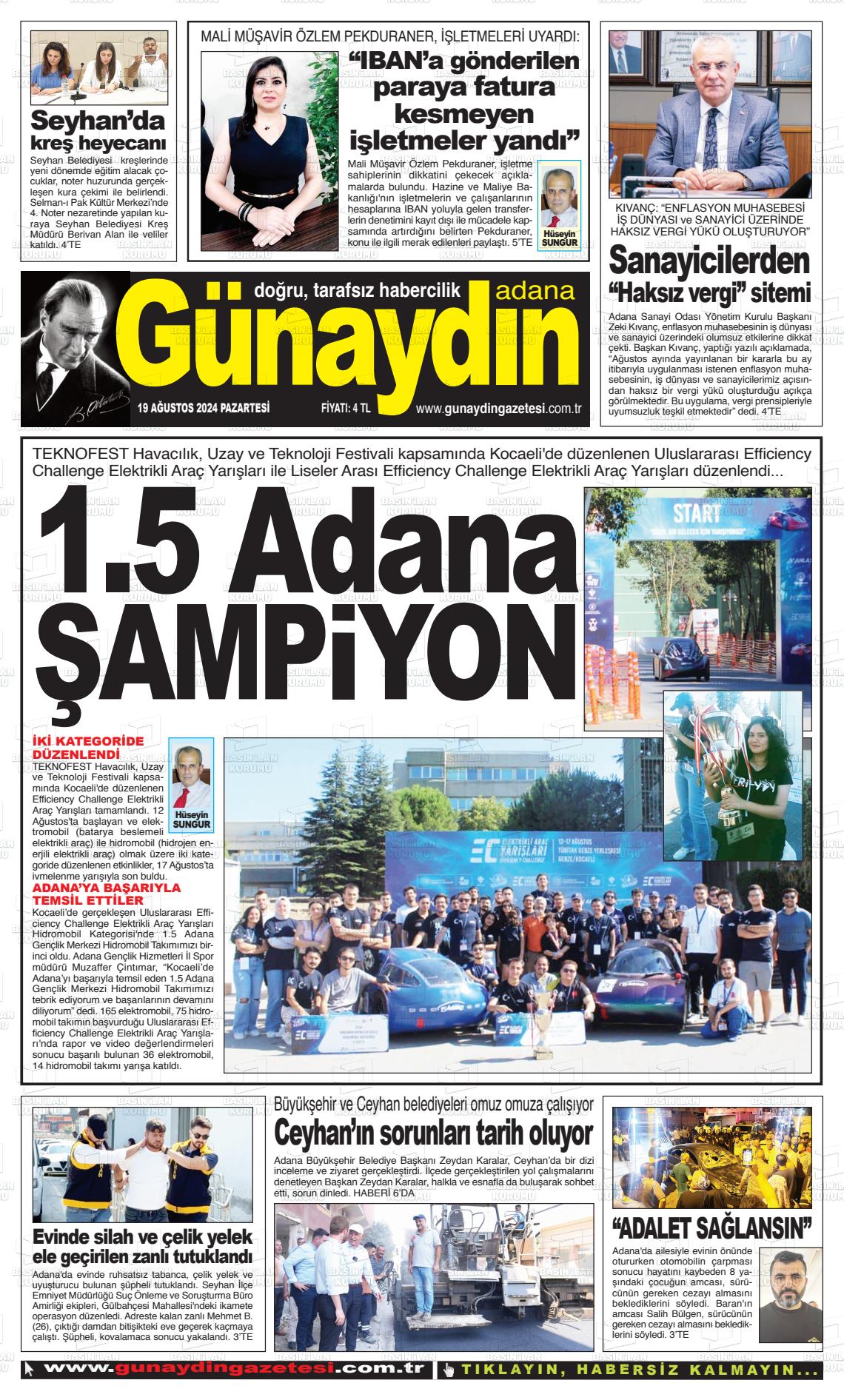 19 Ağustos 2024 Günaydın Adana Gazete Manşeti