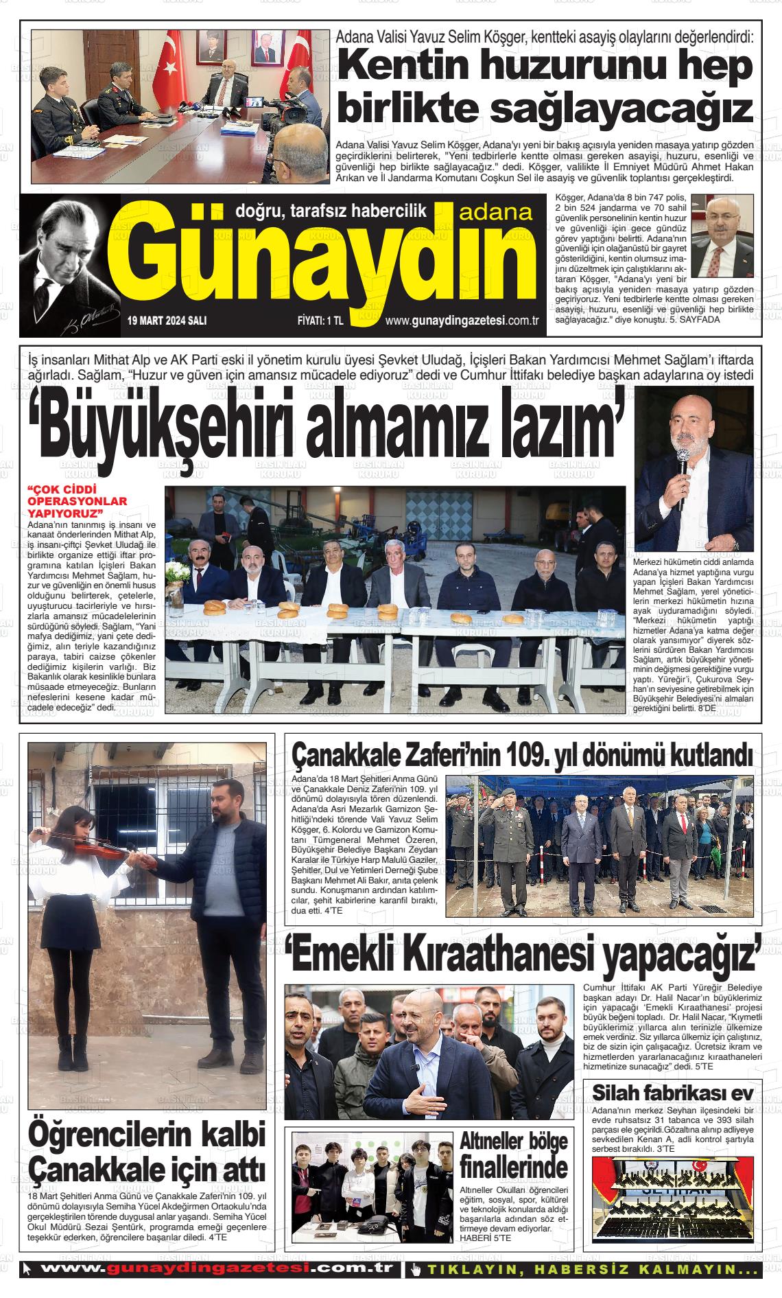 19 Mart 2024 Günaydın Adana Gazete Manşeti