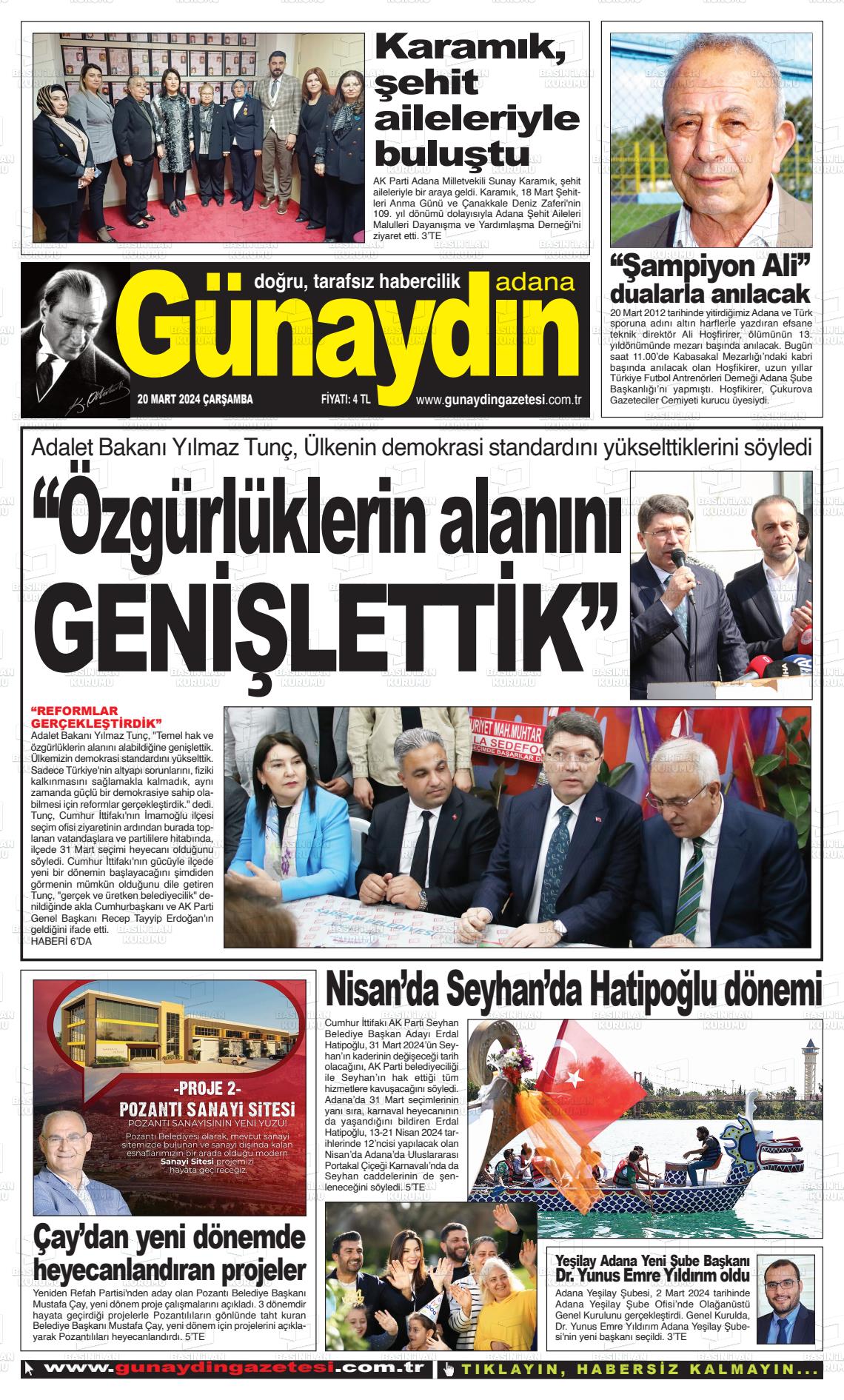 20 Mart 2024 Günaydın Adana Gazete Manşeti