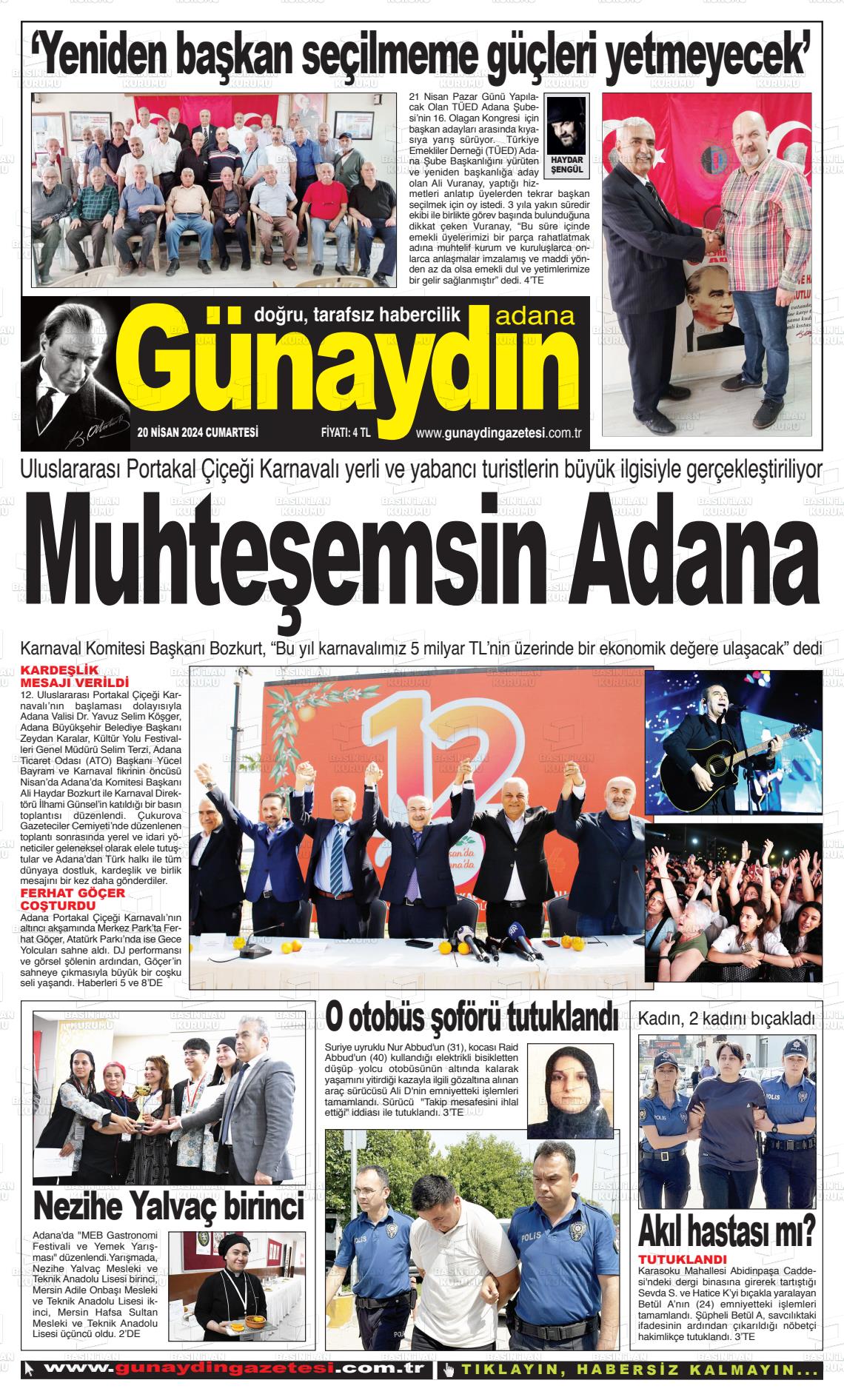 20 Nisan 2024 Günaydın Adana Gazete Manşeti