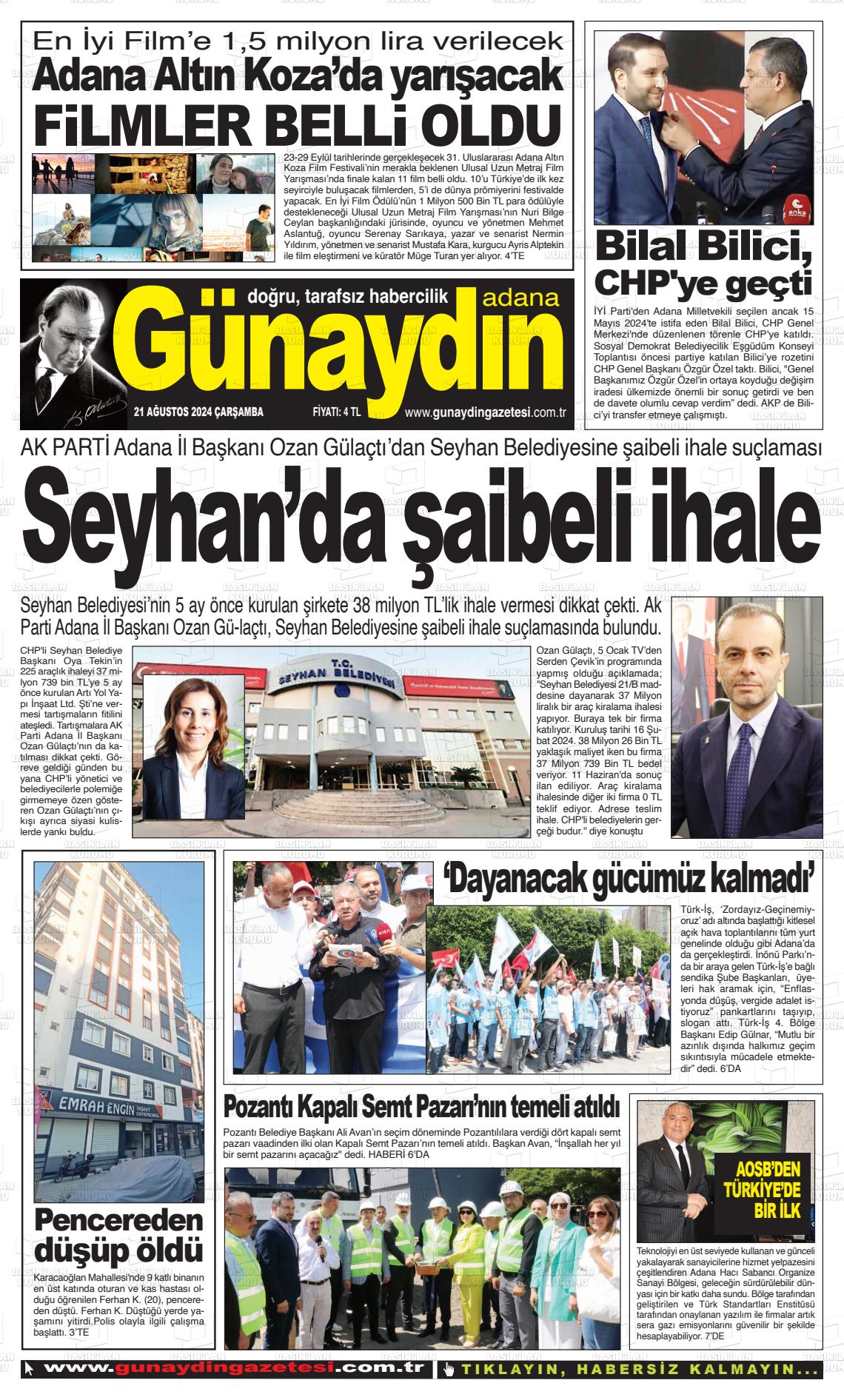 21 Ağustos 2024 Günaydın Adana Gazete Manşeti