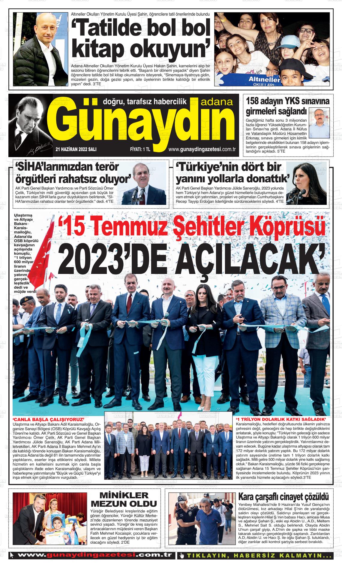 21 Haziran 2022 Günaydın Adana Gazete Manşeti