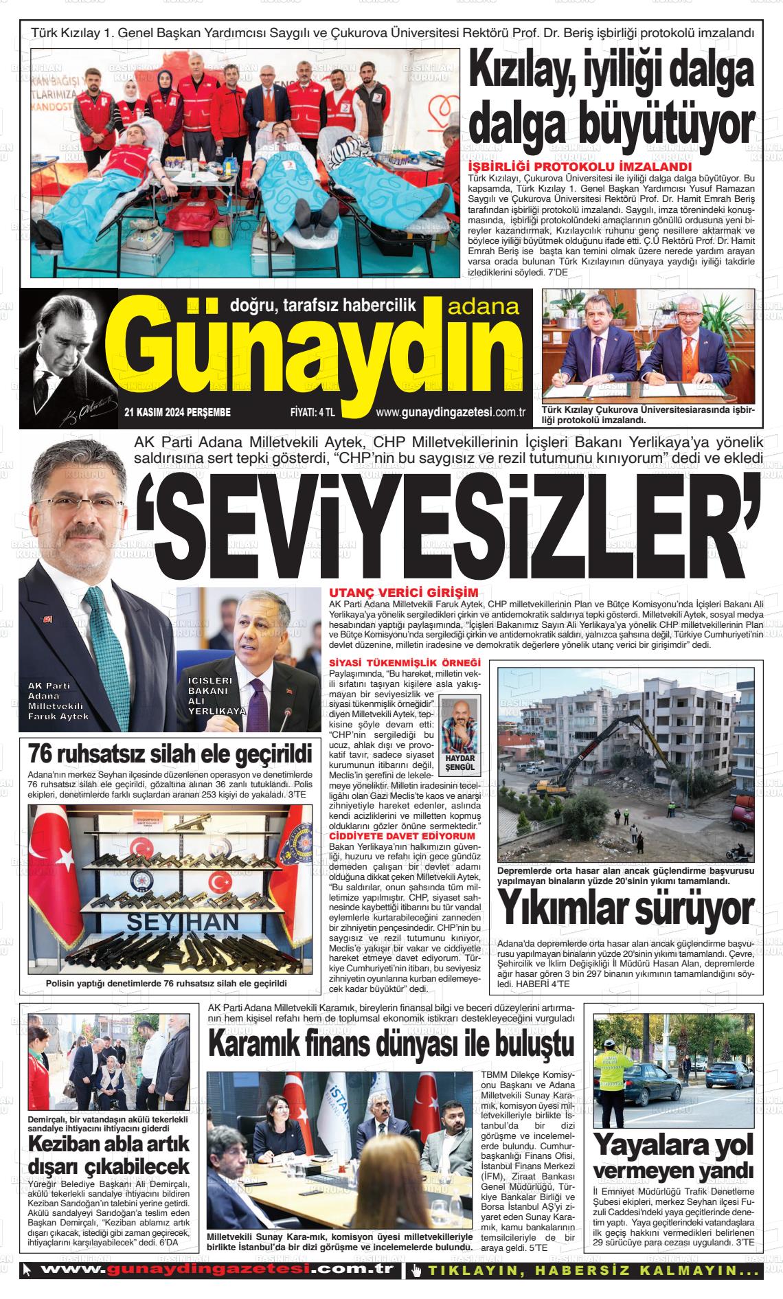 21 Kasım 2024 Günaydın Adana Gazete Manşeti