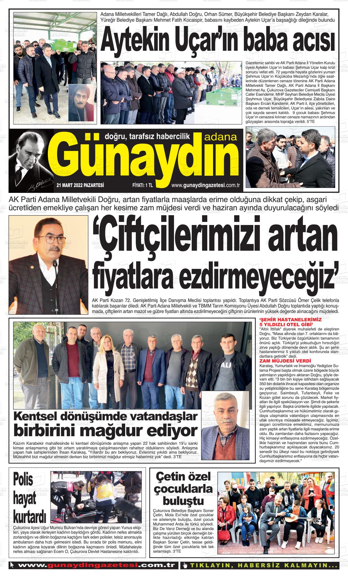 21 Mart 2022 Günaydın Adana Gazete Manşeti