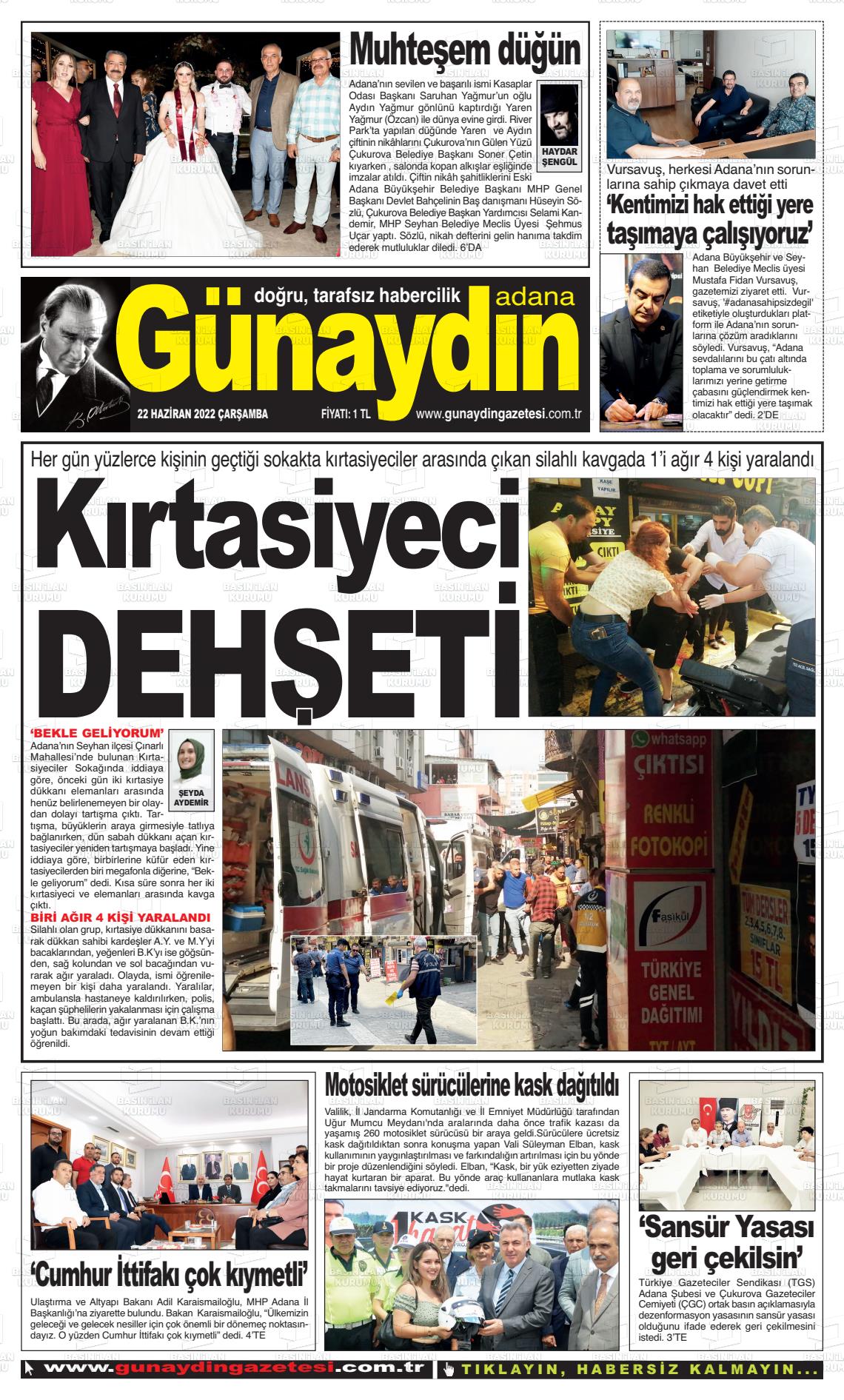 22 Haziran 2022 Günaydın Adana Gazete Manşeti