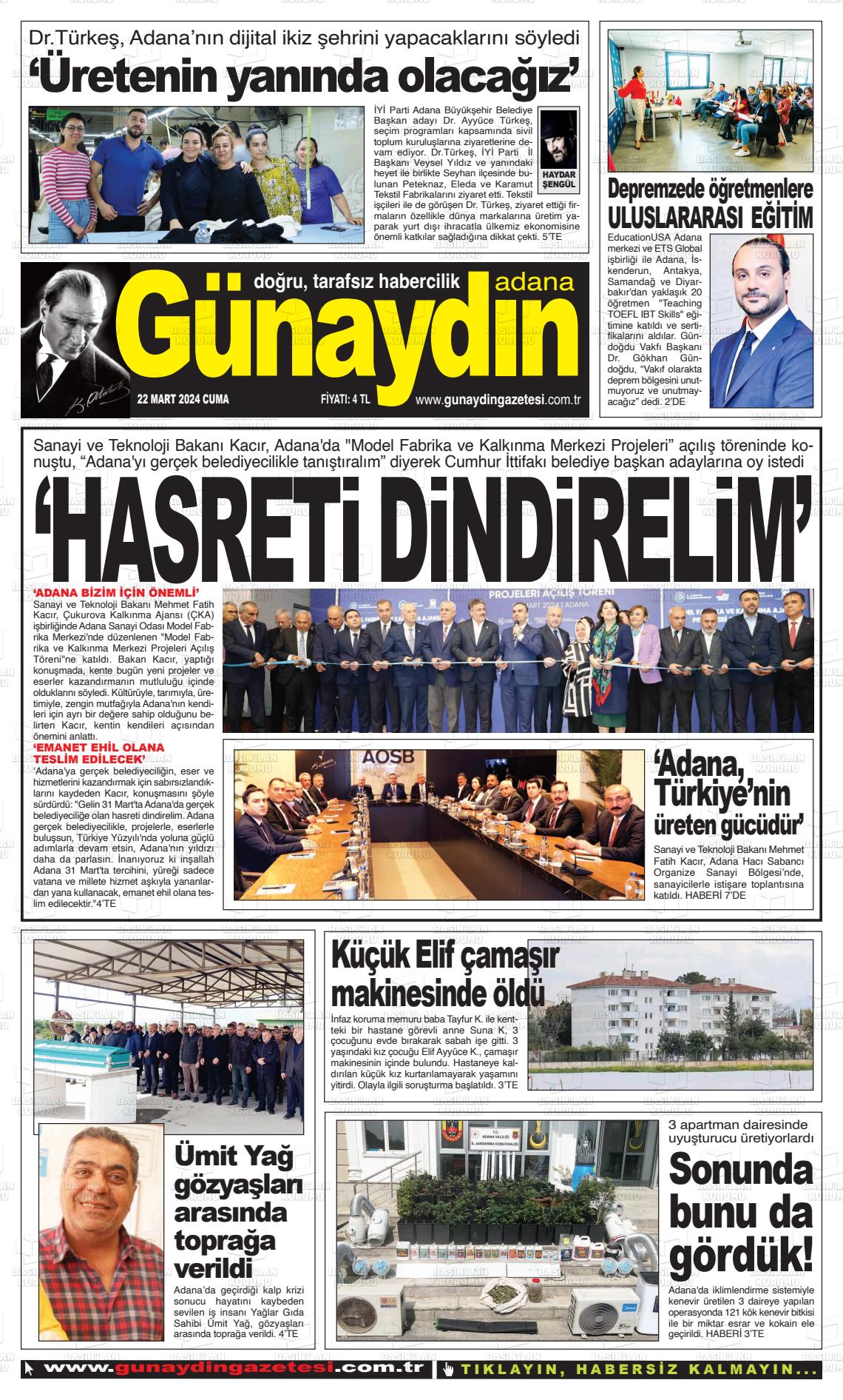 22 Mart 2024 Günaydın Adana Gazete Manşeti