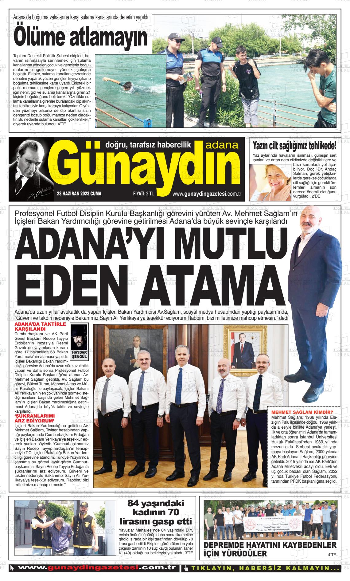 23 Haziran 2023 Günaydın Adana Gazete Manşeti