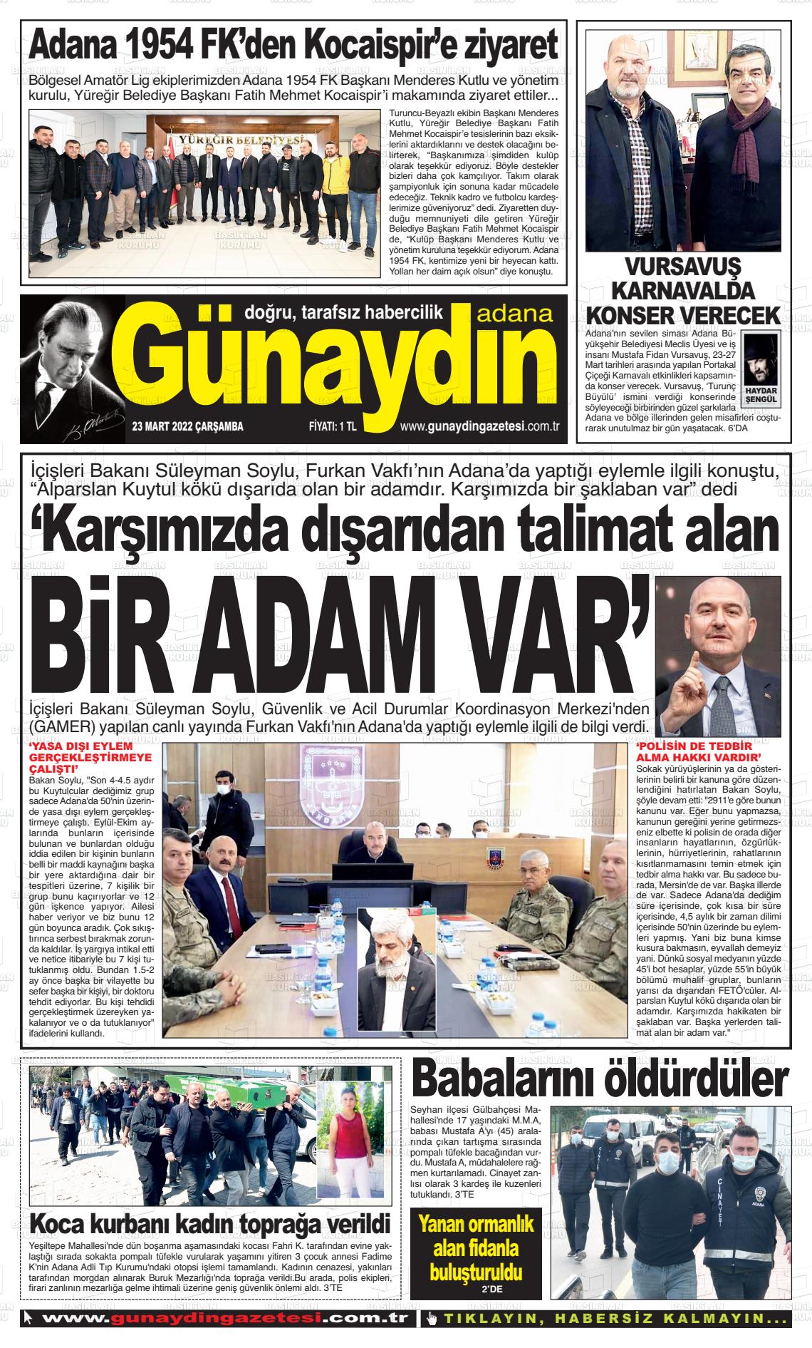 23 Mart 2022 Günaydın Adana Gazete Manşeti