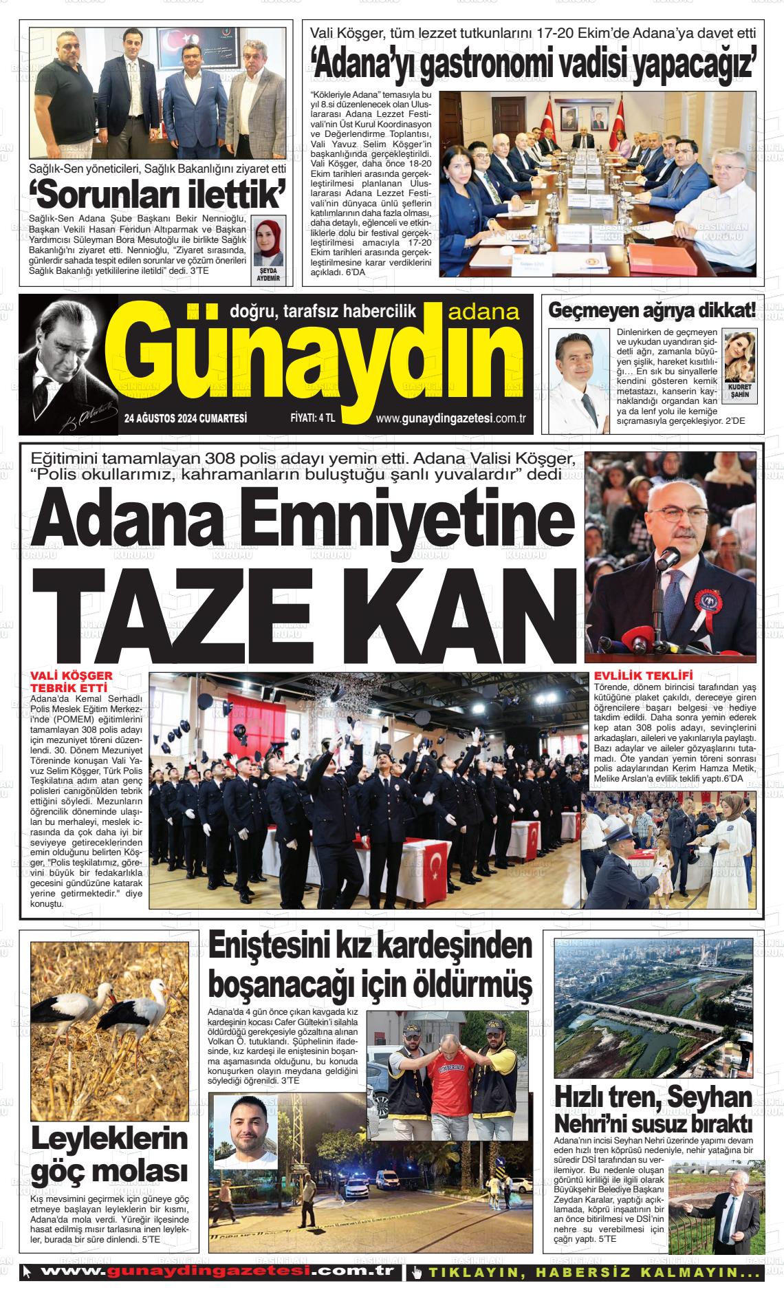 24 Ağustos 2024 Günaydın Adana Gazete Manşeti