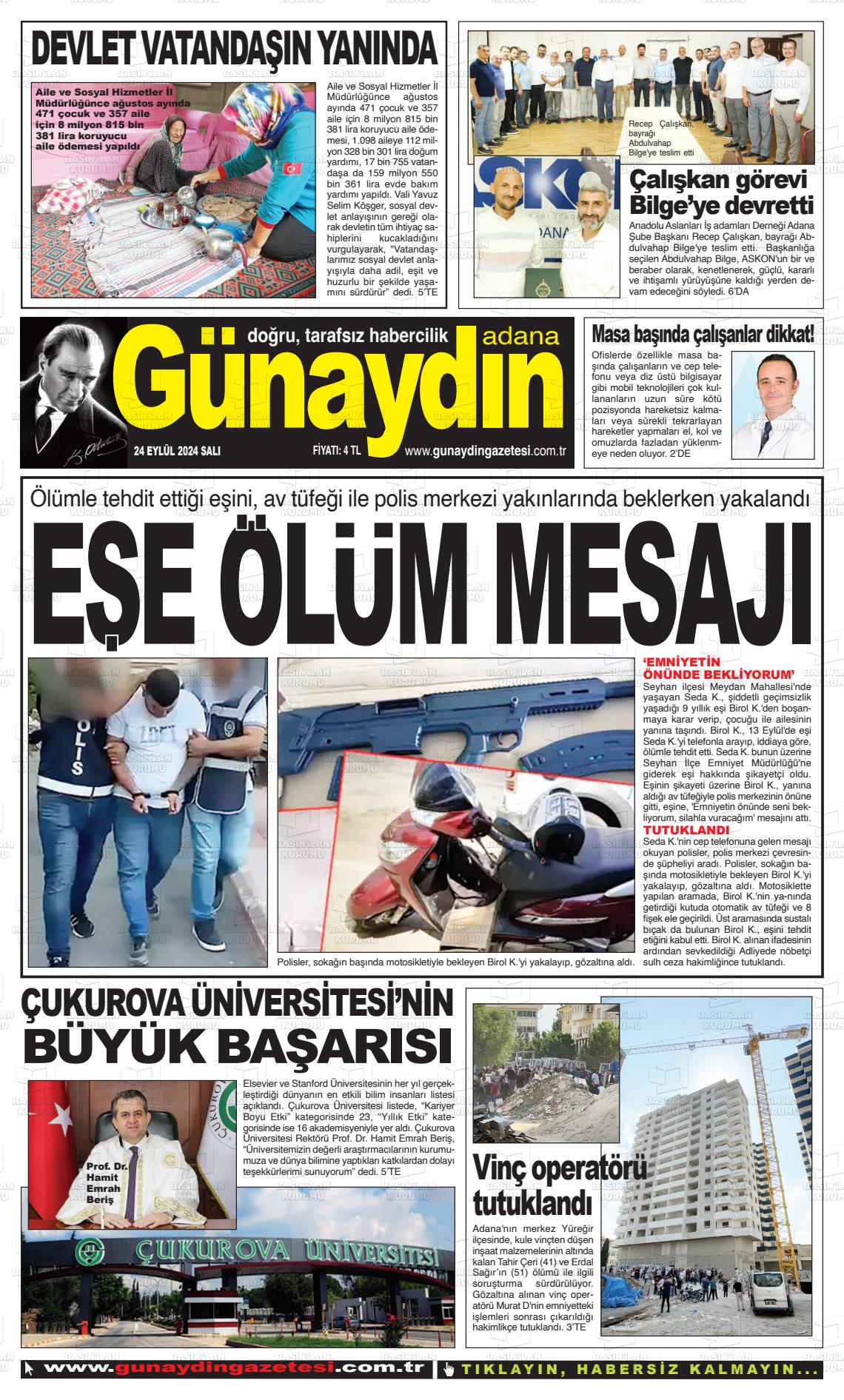 24 Eylül 2024 Günaydın Adana Gazete Manşeti