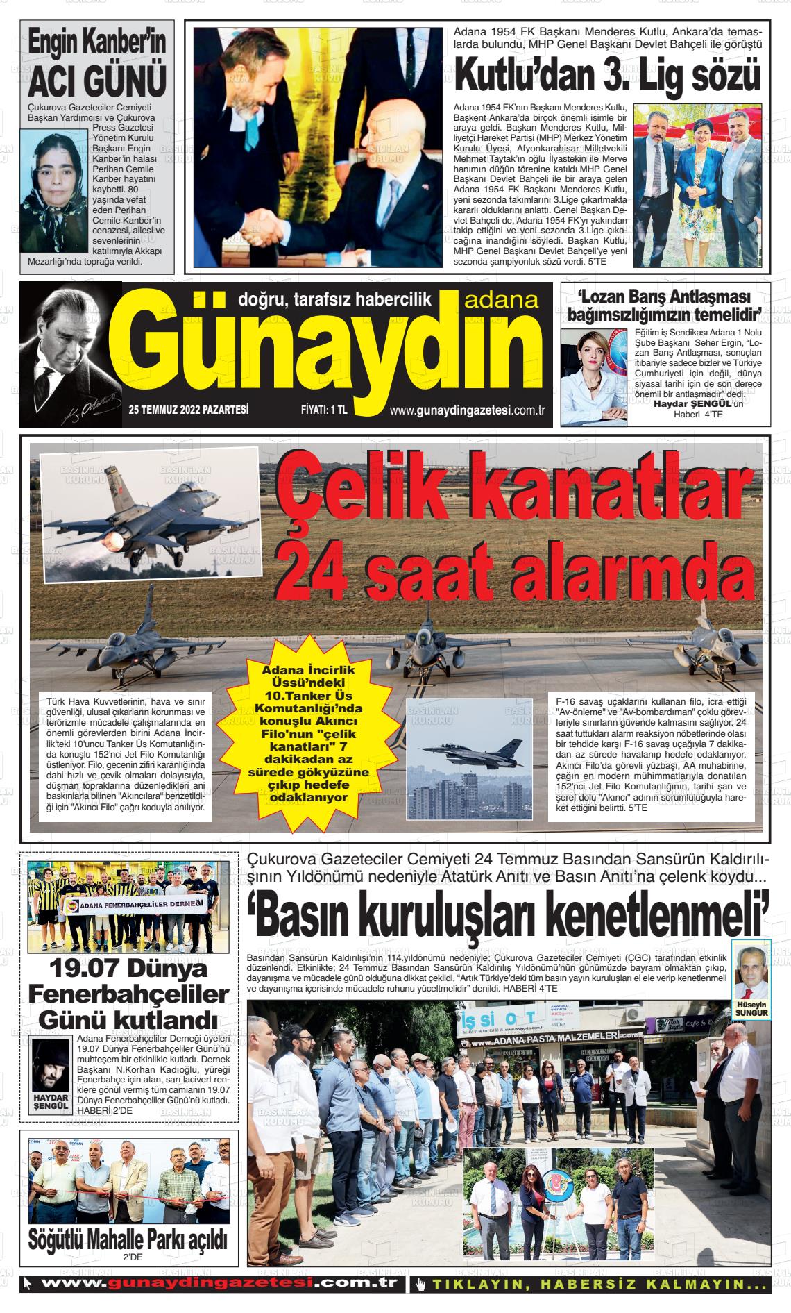 25 Temmuz 2022 Günaydın Adana Gazete Manşeti