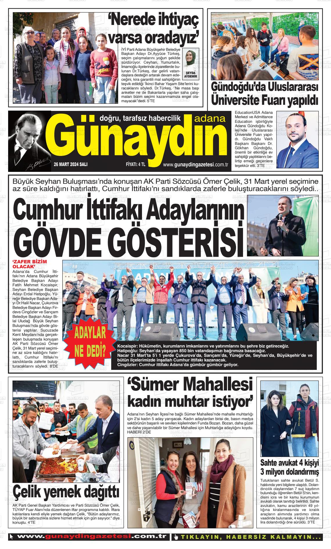 26 Mart 2024 Günaydın Adana Gazete Manşeti