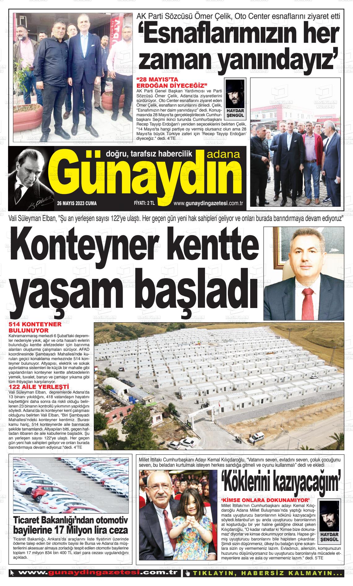 26 Mayıs 2023 Günaydın Adana Gazete Manşeti