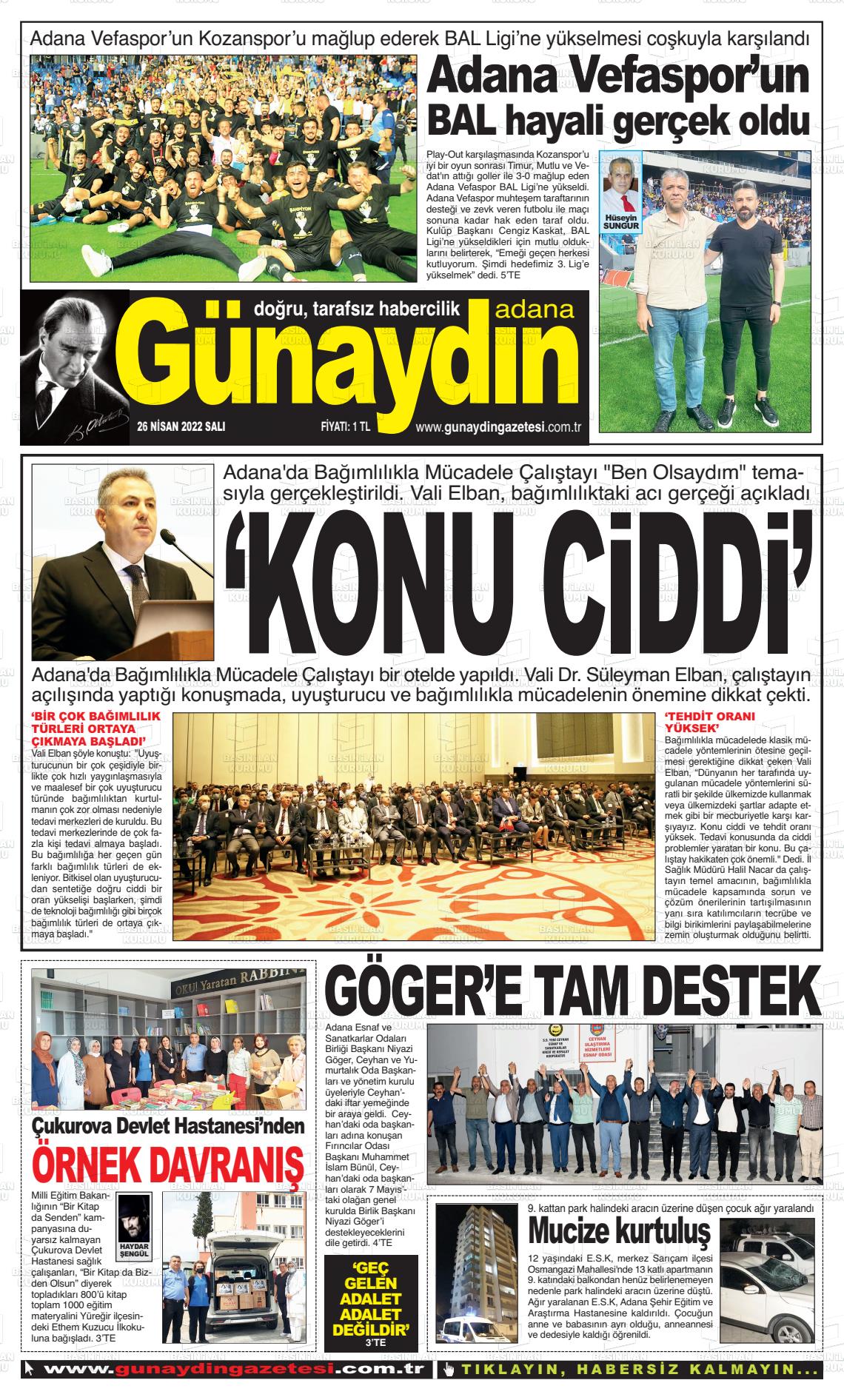 26 Nisan 2022 Günaydın Adana Gazete Manşeti