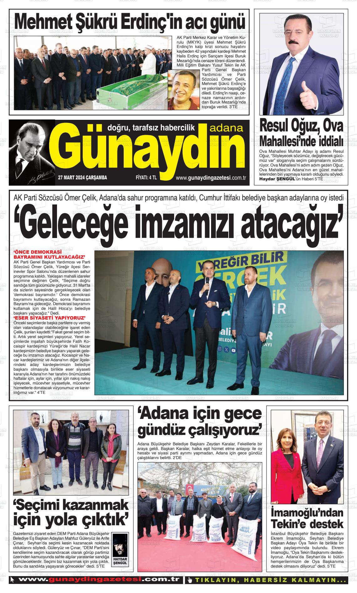 27 Mart 2024 Günaydın Adana Gazete Manşeti