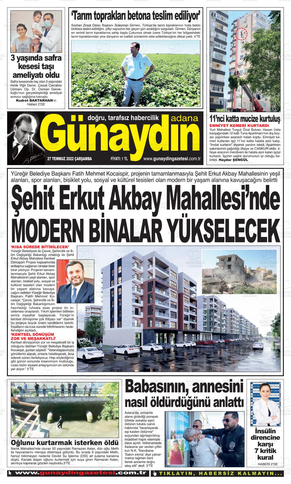 27 Temmuz 2022 Günaydın Adana Gazete Manşeti